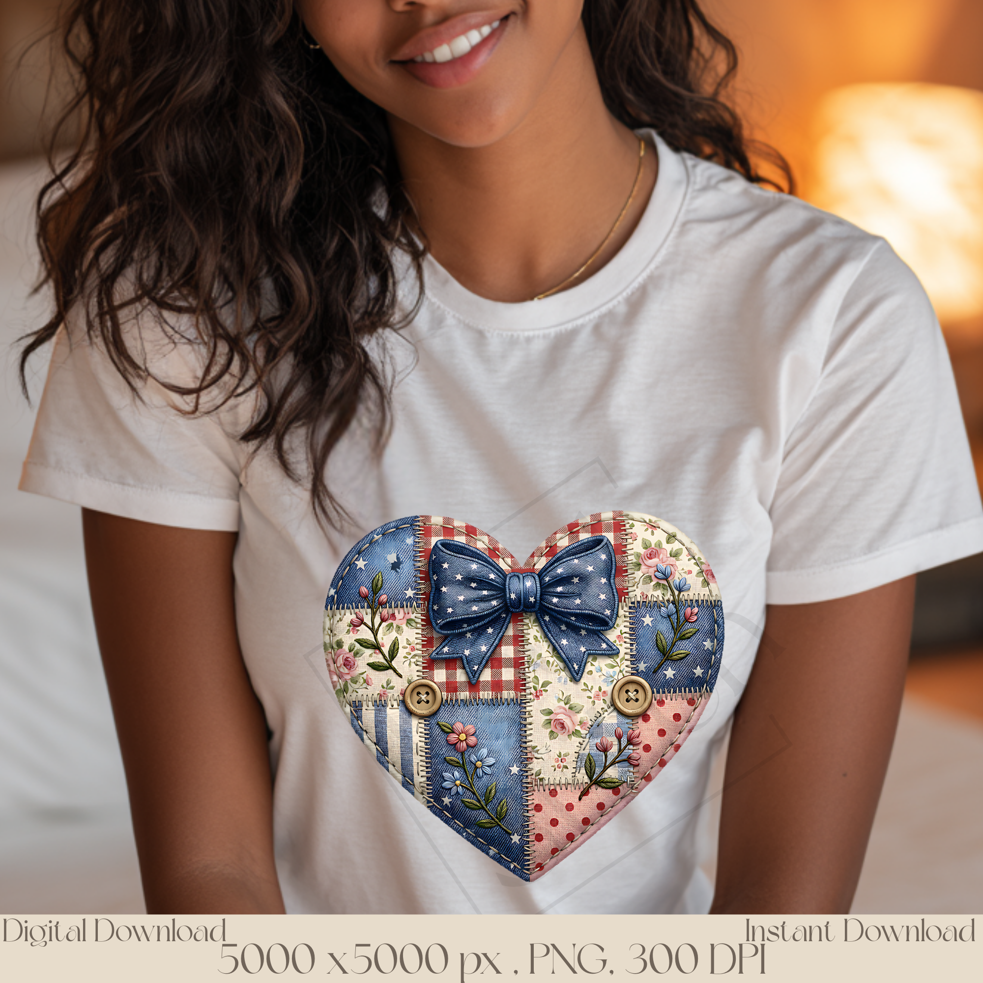 Patchwork Patriotic Heart PNG, Vintage Americana Quilt Heart Clipart, Rustic Fourth of July Sublimation Design