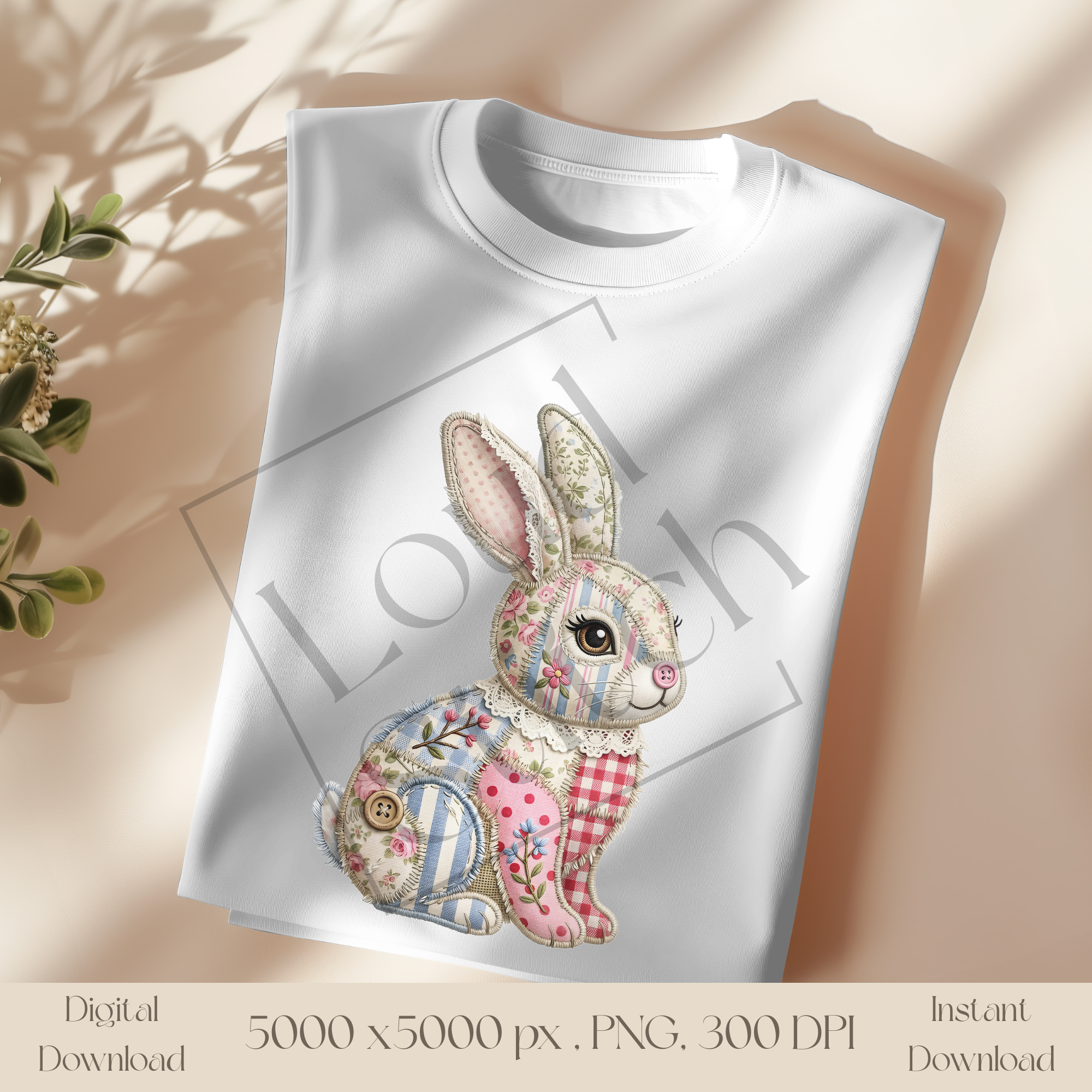 Patchwork Bunny PNG, Cute Cottagecore Rabbit Clipart, Vintage Floral Bunny Sublimation Design