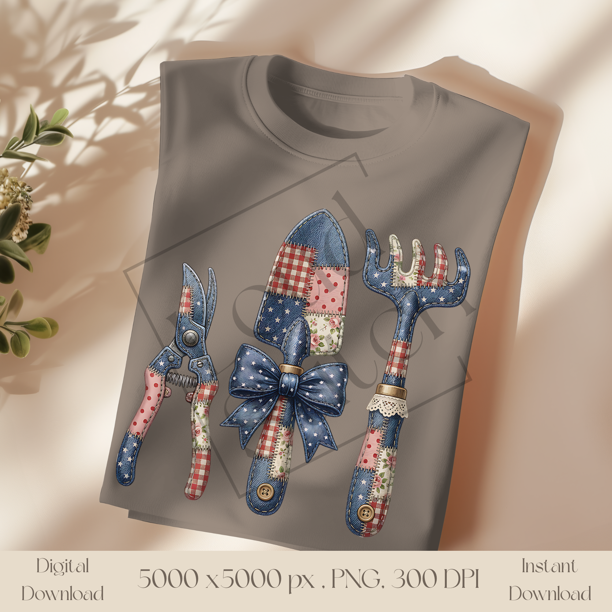 Patchwork Garden Tools PNG, Vintage Gardening Clipart Set, Rustic Cottagecore Garden Sublimation Design