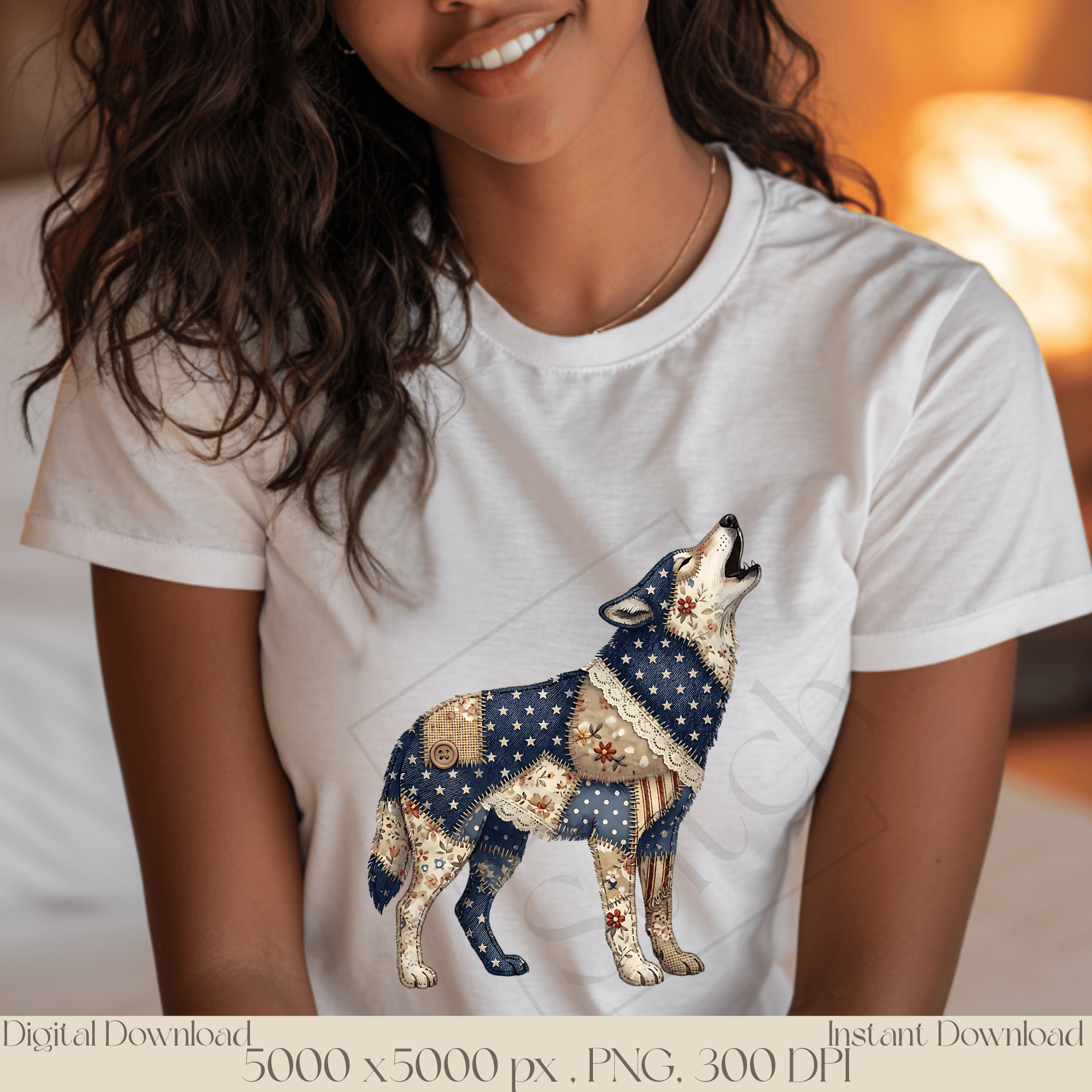 Patchwork Wolf PNG, Rustic Woodland Wolf Clipart, Vintage Cottagecore Animal Sublimation Design