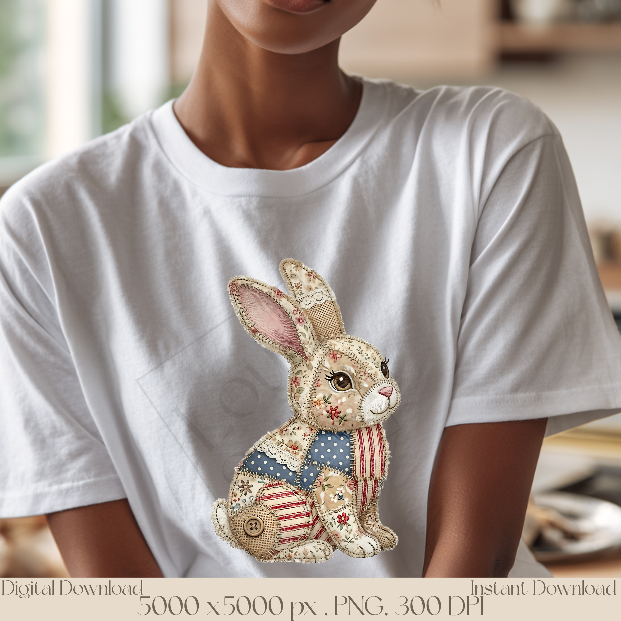 Patchwork Bunny PNG, Cute Cottagecore Rabbit Clipart, Vintage Woodland Bunny Sublimation Design