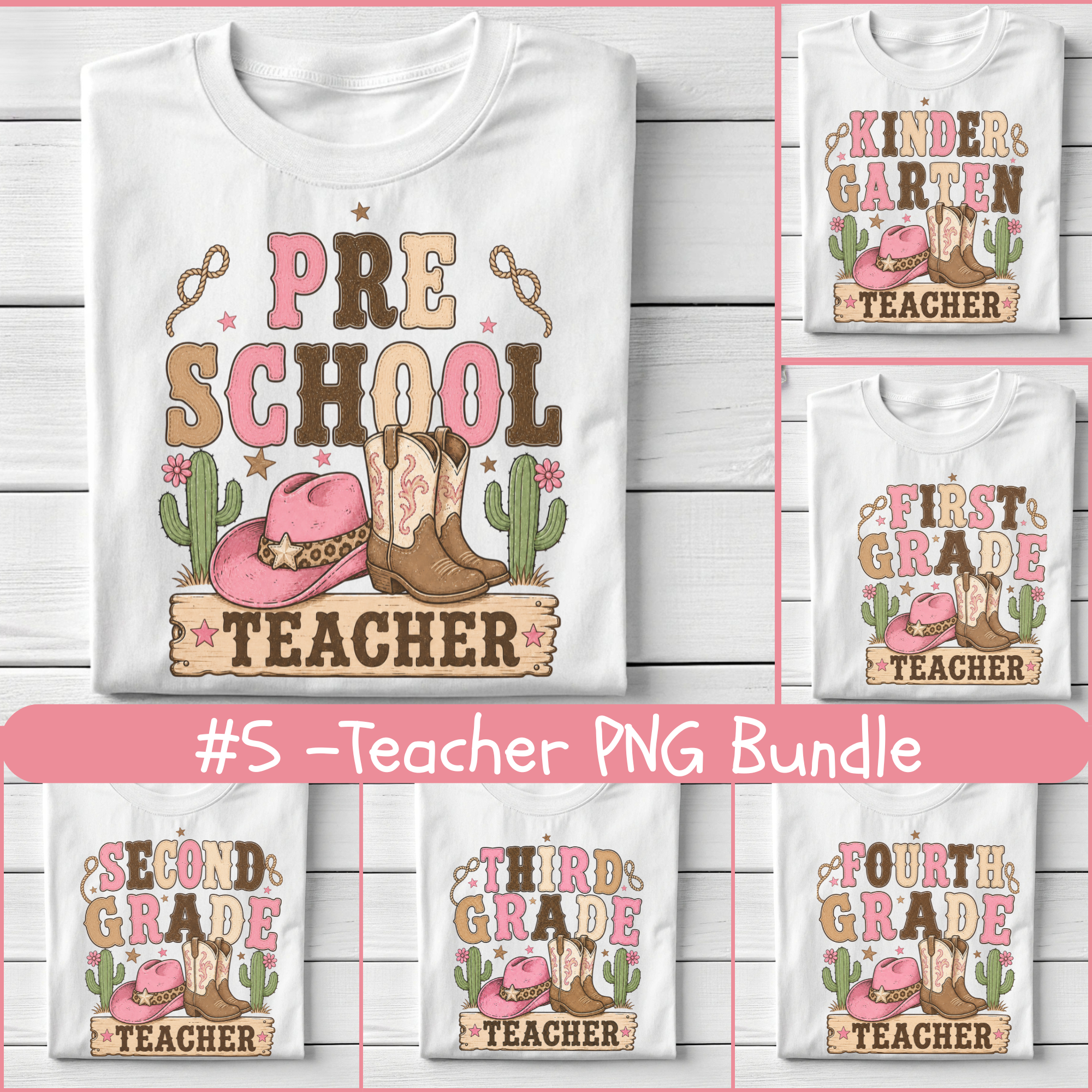 Western Teacher PNG Bundle, Cowgirl Grade Teacher Designs, Pre-K Preschool Kindergarten 1st-6th Sublimation PNG