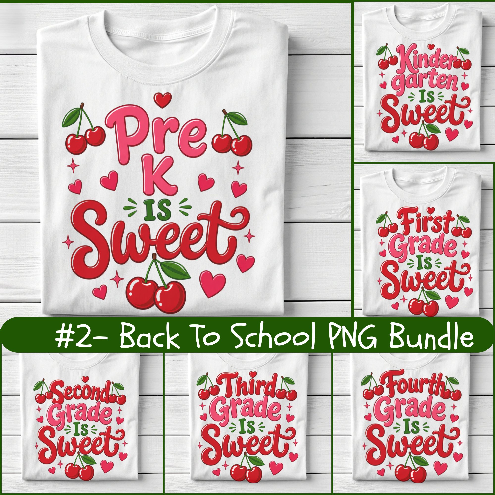 Cherry Back to School PNG Bundle, Grade Level Shirt Designs, Pre-K Kindergarten 1st-6th Grade PNG