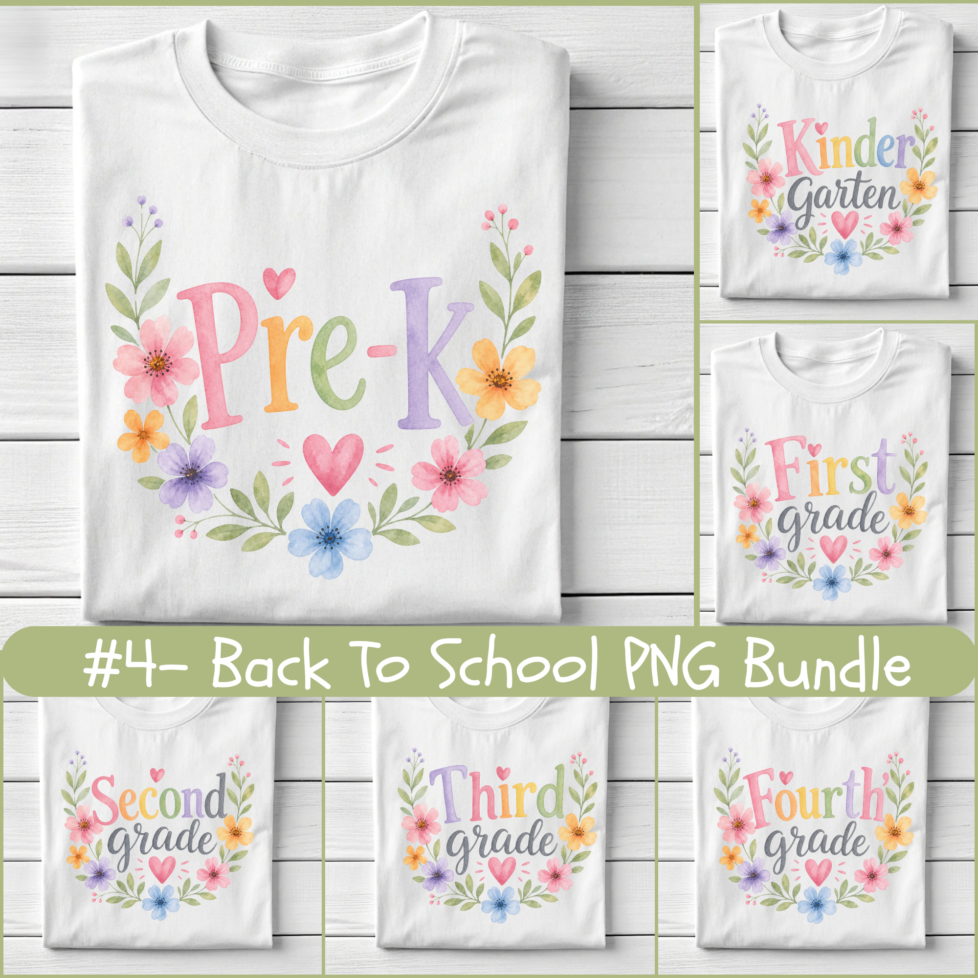 Back to School Grade Level PNG Bundle, Floral Teacher PNG, Pre-K Kindergarten 1st-6th Grade School Shirt Designs
