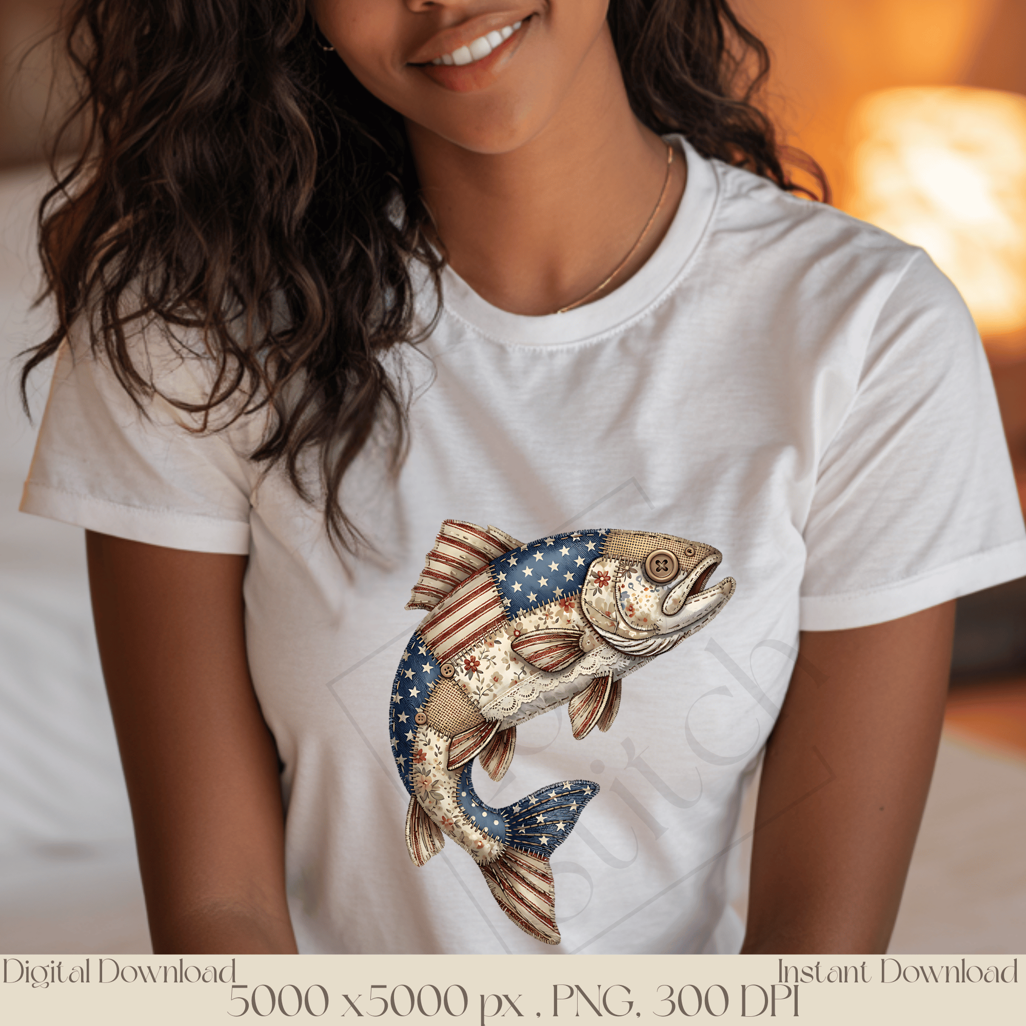 Patchwork Bass Fish PNG, Vintage Fishing Clipart, Rustic Angler Sublimation Design, Patriotic Quilt Style Fish Graphic