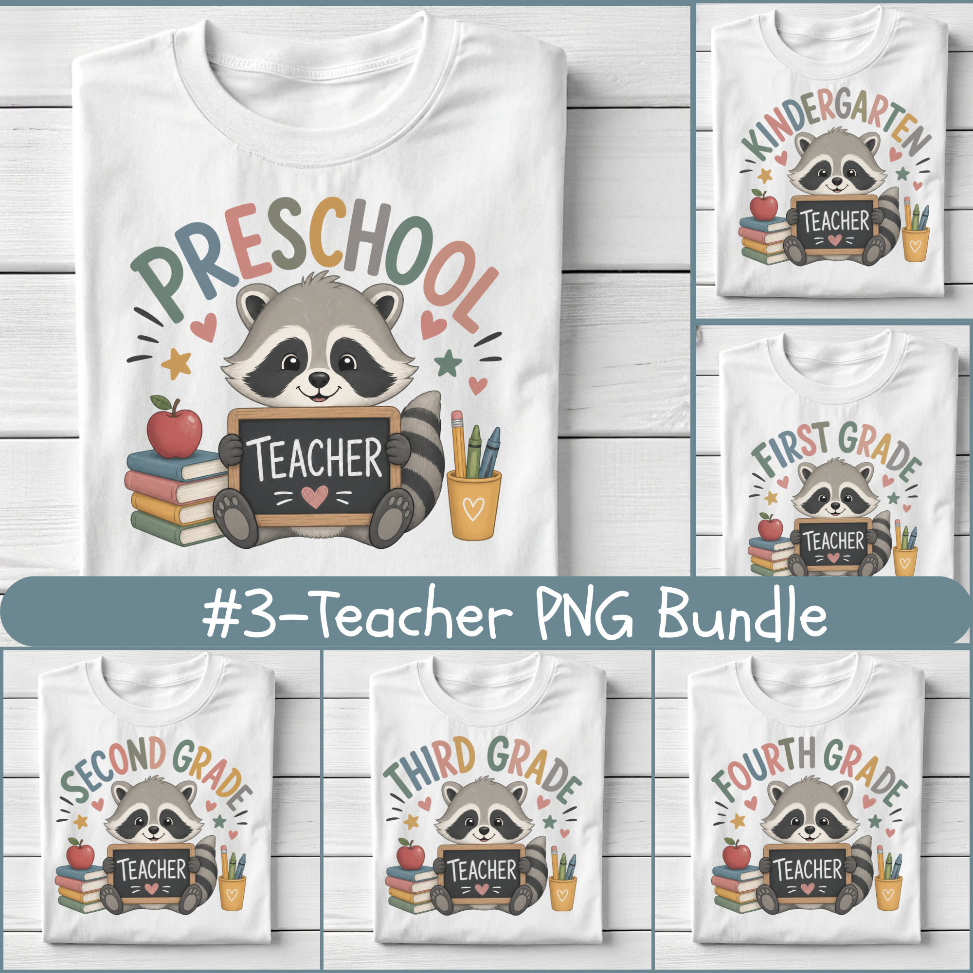 Raccoon Teacher PNG Bundle, Grade Level Teacher Designs, Pre-K Kindergarten 1st-6th Grade Sublimation PNG