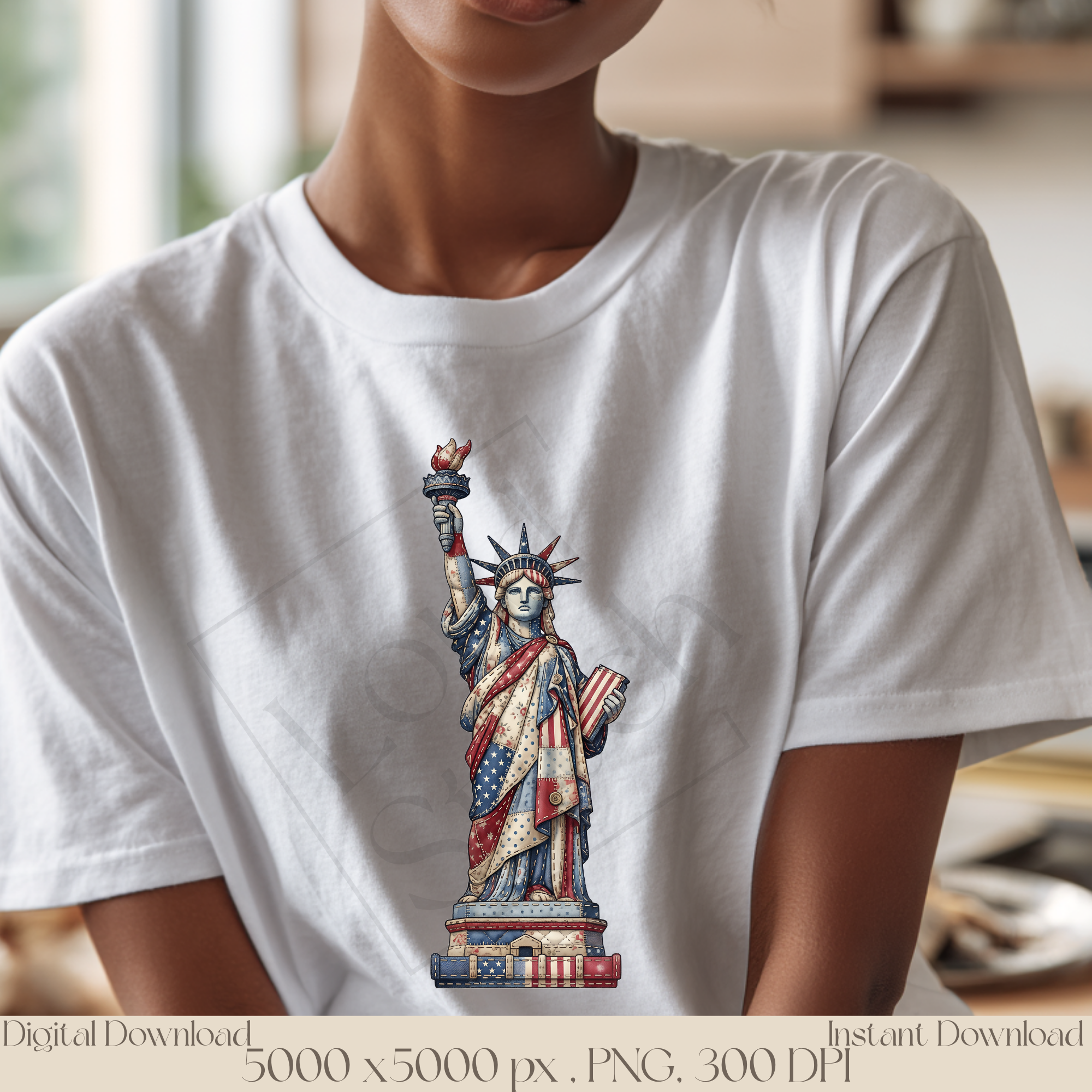 Vintage Statue of Liberty PNG, Patriotic Patchwork Americana Clipart, Fourth of July Sublimation Design, Rustic USA Freedom Graphic