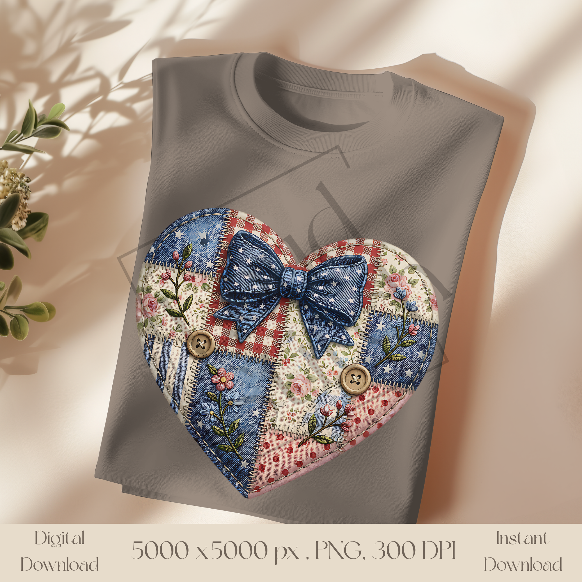 Patchwork Patriotic Heart PNG, Vintage Americana Quilt Heart Clipart, Rustic Fourth of July Sublimation Design