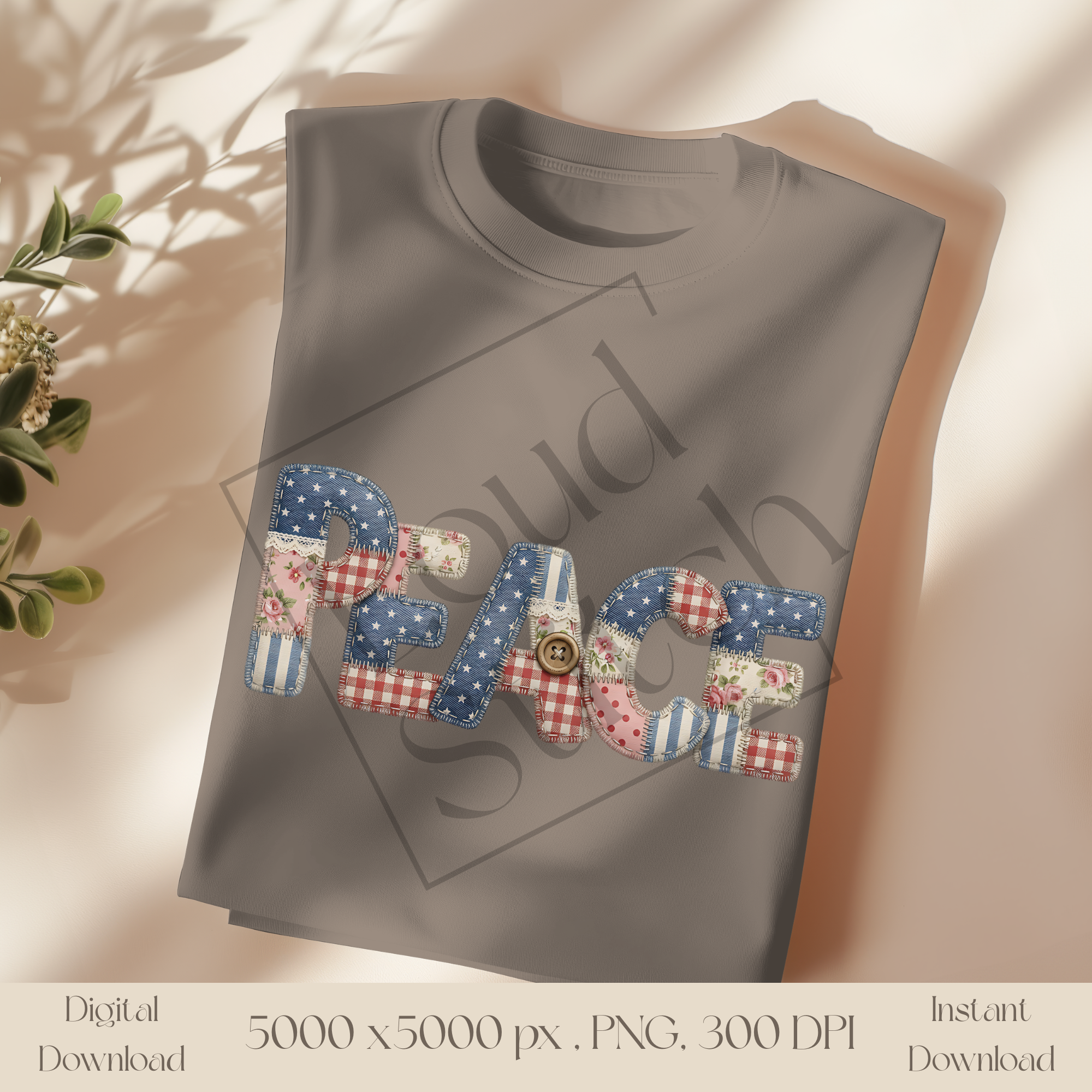 Peace Patchwork PNG, Vintage Cottagecore Typography Clipart, Rustic Floral Lettering Sublimation Design