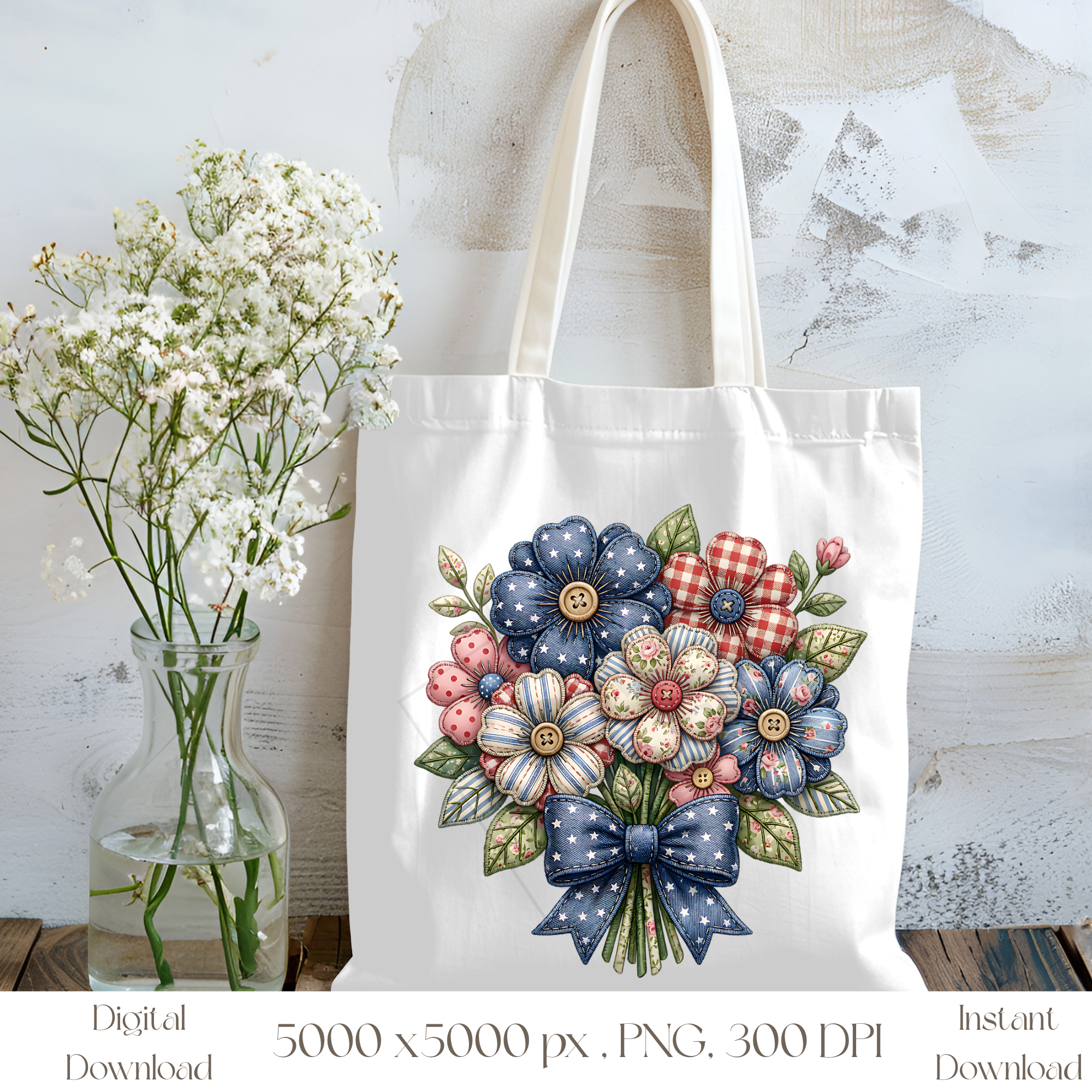 Patriotic Flower Bouquet PNG, Vintage Americana Patchwork Floral Clipart, Rustic Fourth of July Sublimation Design