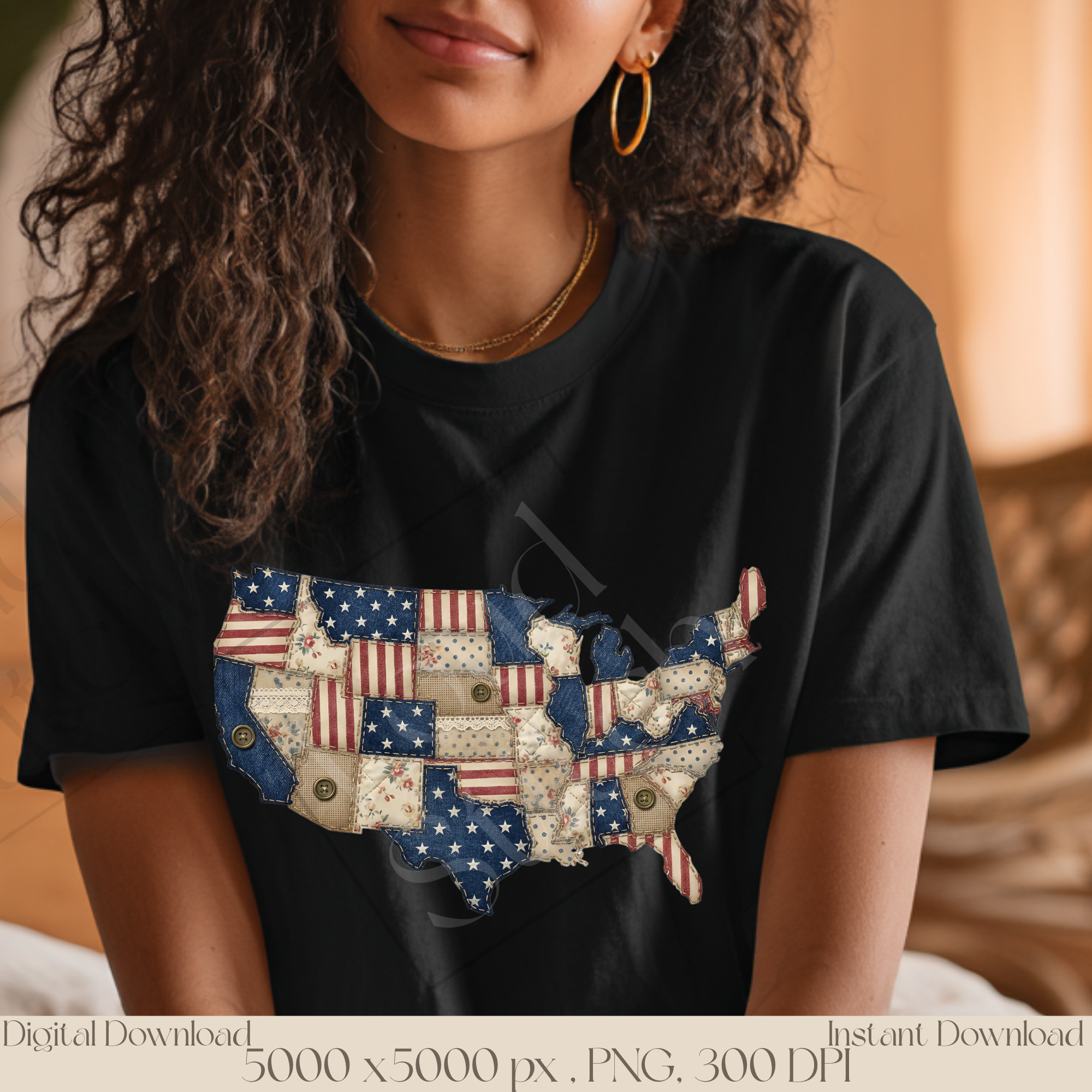 USA Map PNG, Vintage Americana Patchwork United States Clipart, Patriotic Fourth of July Sublimation Design