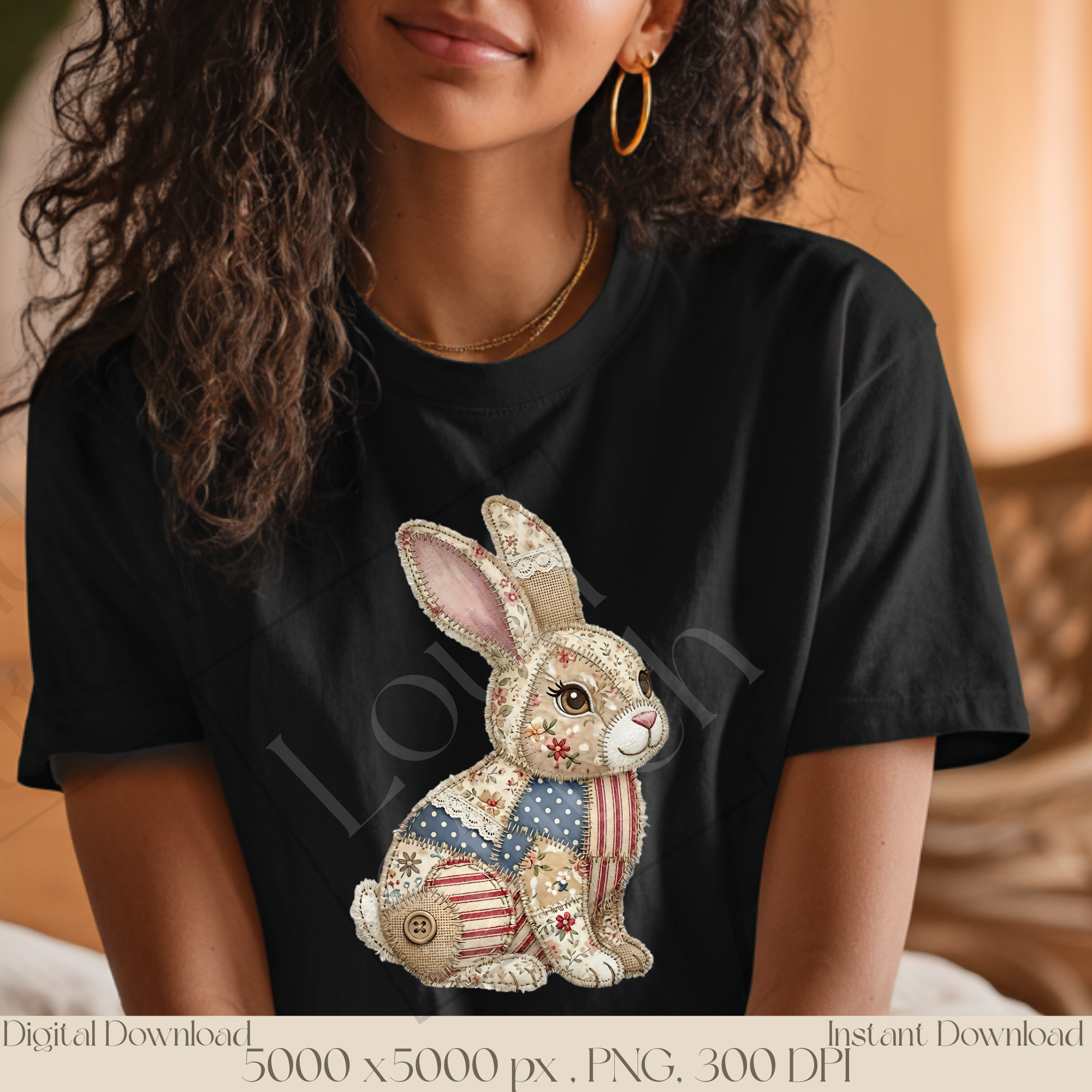 Patchwork Bunny PNG, Cute Cottagecore Rabbit Clipart, Vintage Woodland Bunny Sublimation Design