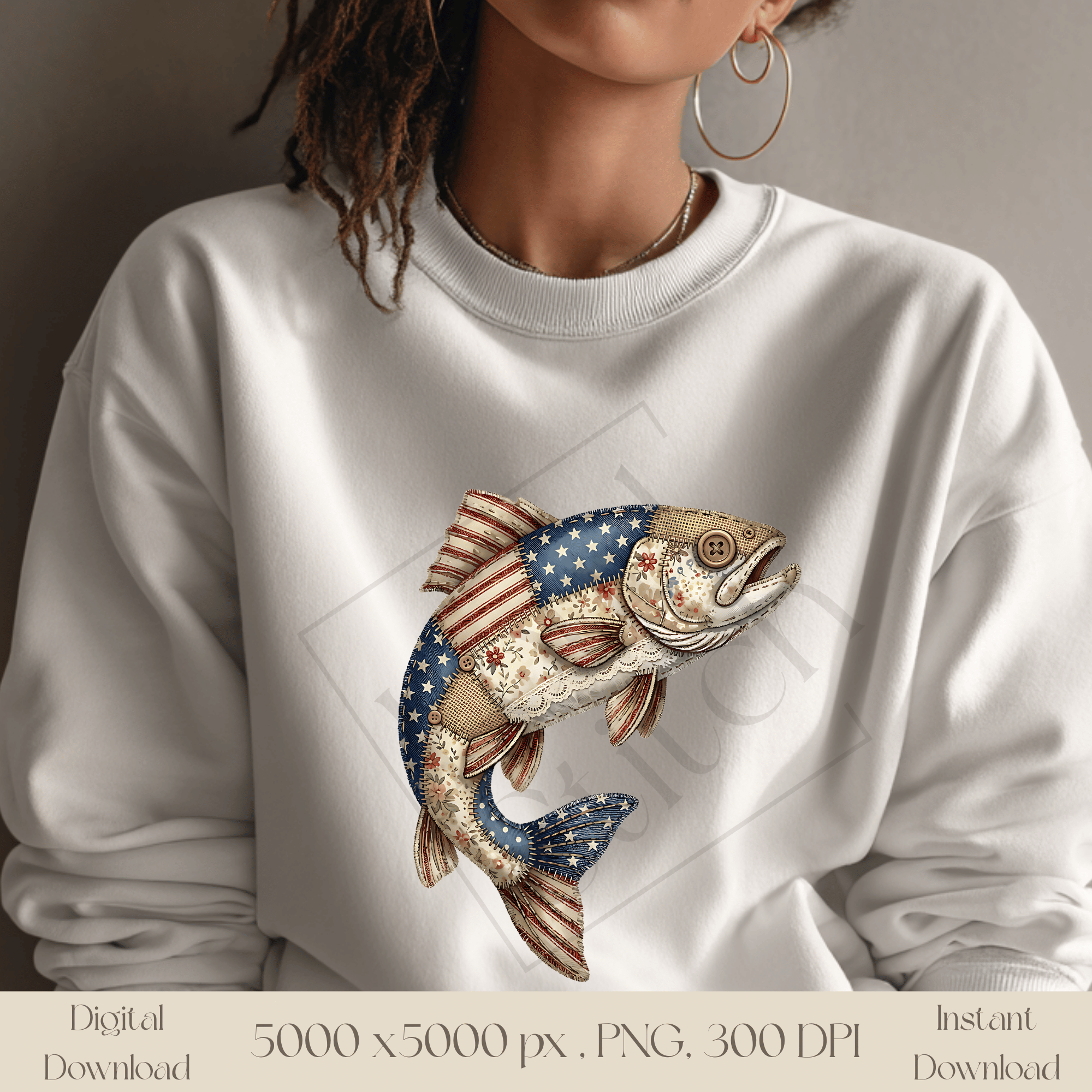 Patchwork Bass Fish PNG, Vintage Fishing Clipart, Rustic Angler Sublimation Design, Patriotic Quilt Style Fish Graphic