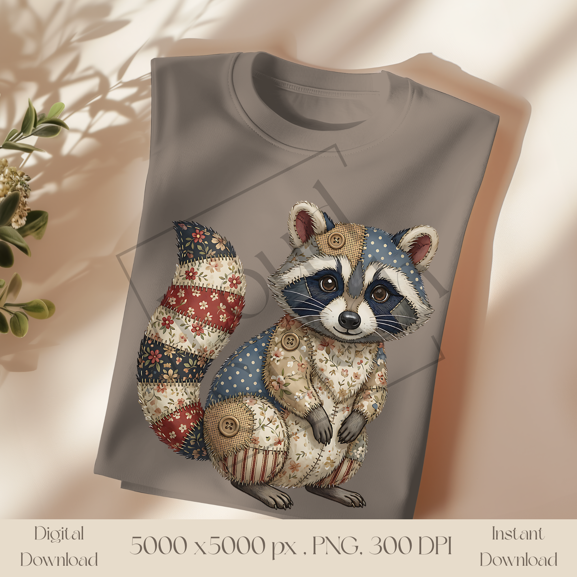 Patchwork Raccoon PNG, Cute Woodland Animal Clipart, Rustic Cottagecore Raccoon Sublimation Design
