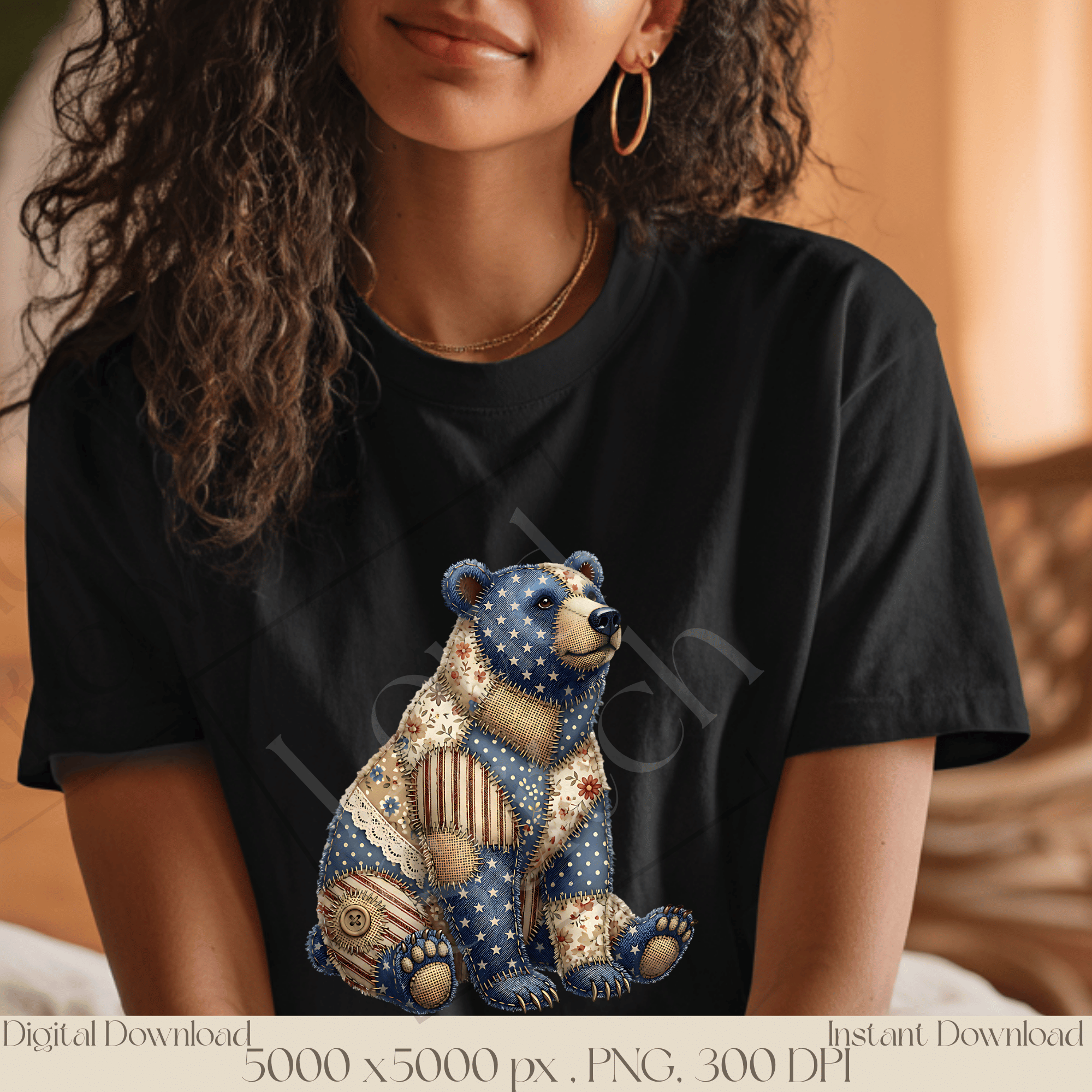 Patchwork Bear PNG, Cute Woodland Bear Clipart, Vintage Cottagecore Animal Sublimation Design