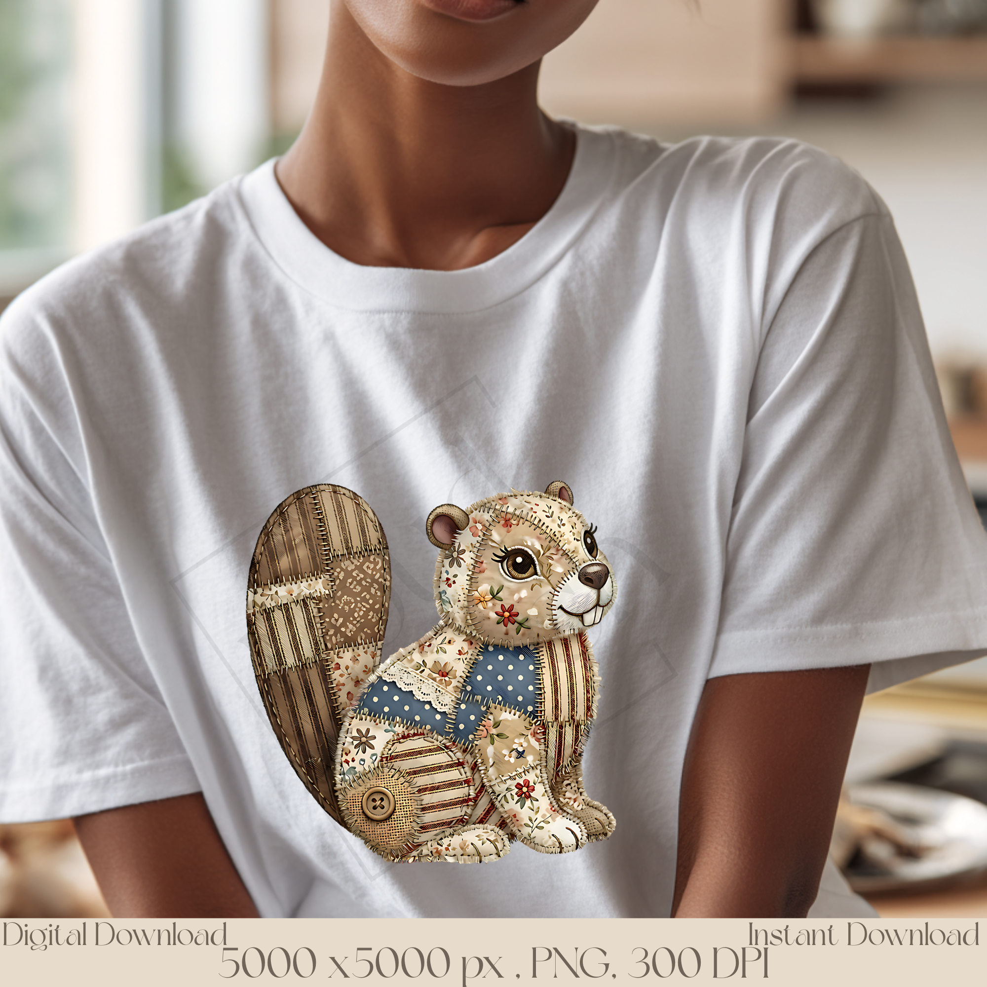 Patchwork Beaver PNG, Vintage Woodland Animal Clipart, Rustic Cottagecore Sublimation Design, Cute Forest Animal Graphic