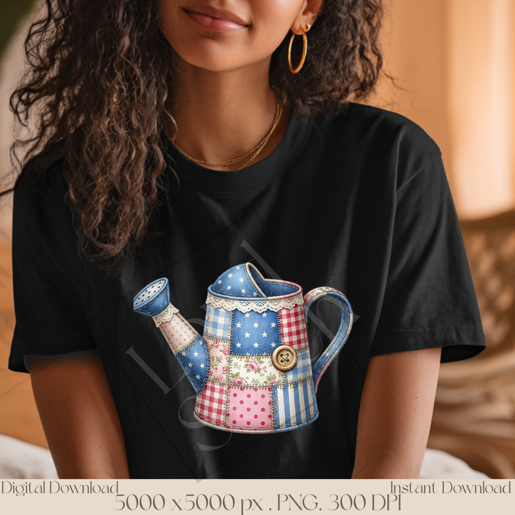 Patchwork Watering Can PNG, Cottagecore Garden Clipart, Vintage Floral Garden Sublimation Design