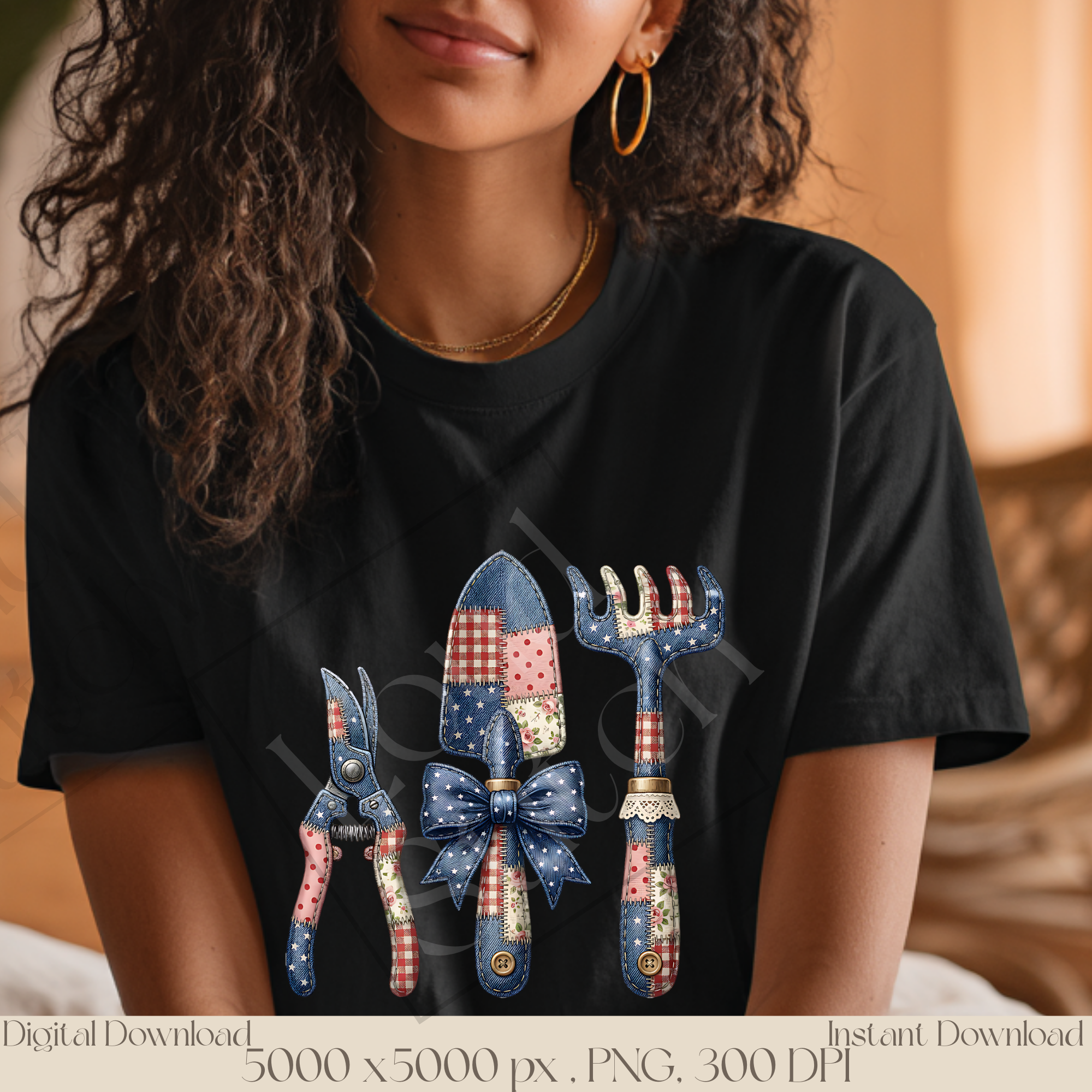 Patchwork Garden Tools PNG, Vintage Gardening Clipart Set, Rustic Cottagecore Garden Sublimation Design