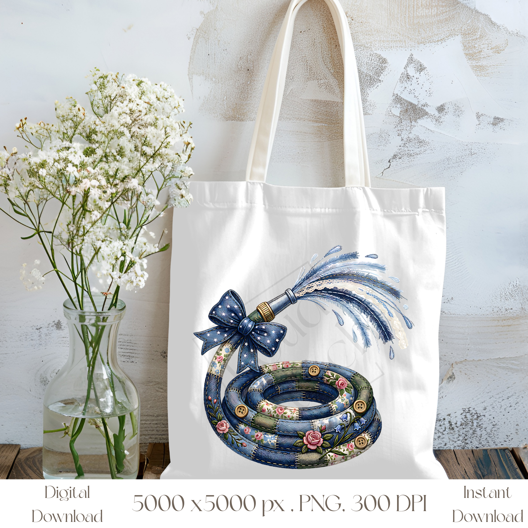 Patchwork Garden Hose PNG, Vintage Cottagecore Garden Clipart, Rustic Gardening Sublimation Design