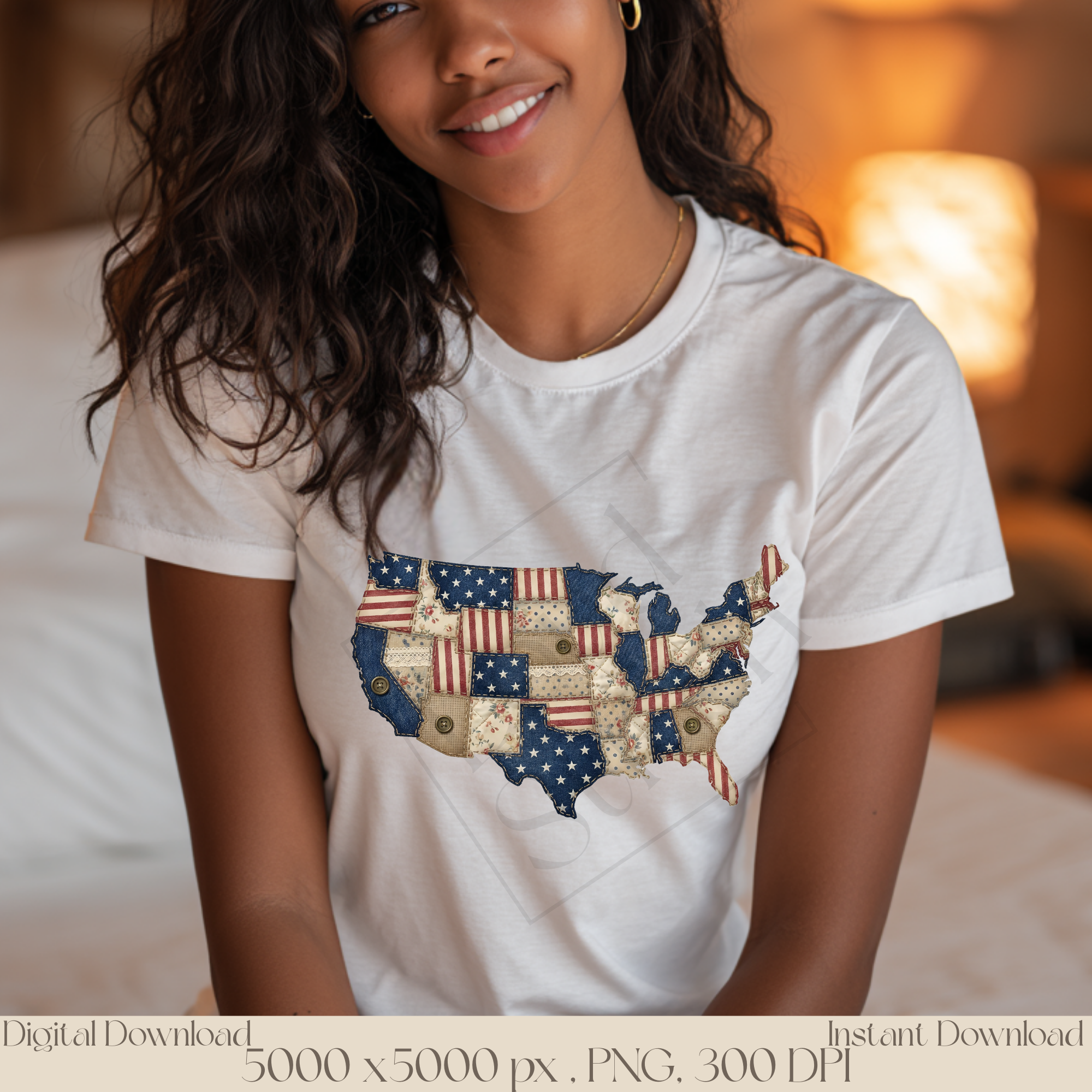 USA Map PNG, Vintage Americana Patchwork United States Clipart, Patriotic Fourth of July Sublimation Design