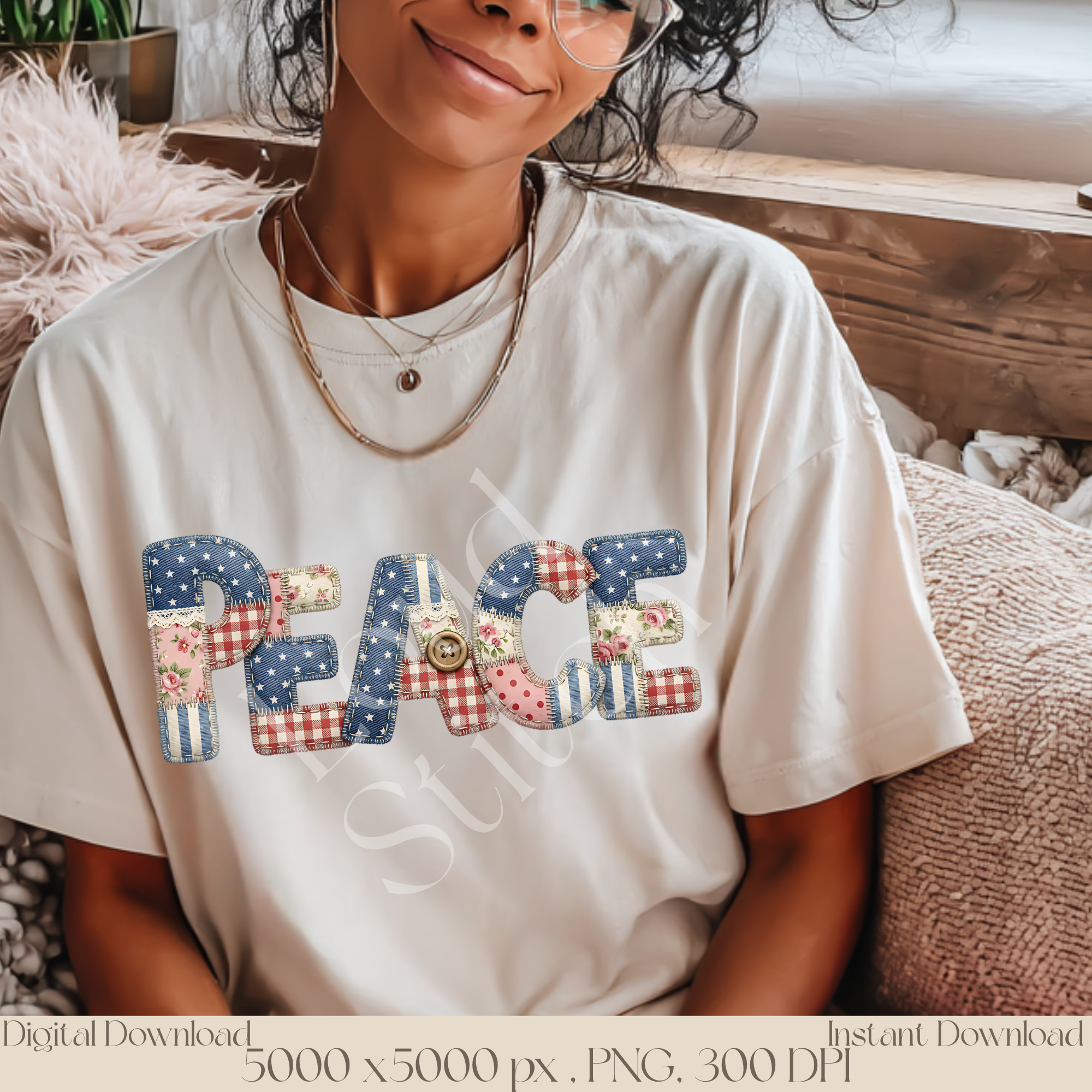 Peace Patchwork PNG, Vintage Cottagecore Typography Clipart, Rustic Floral Lettering Sublimation Design