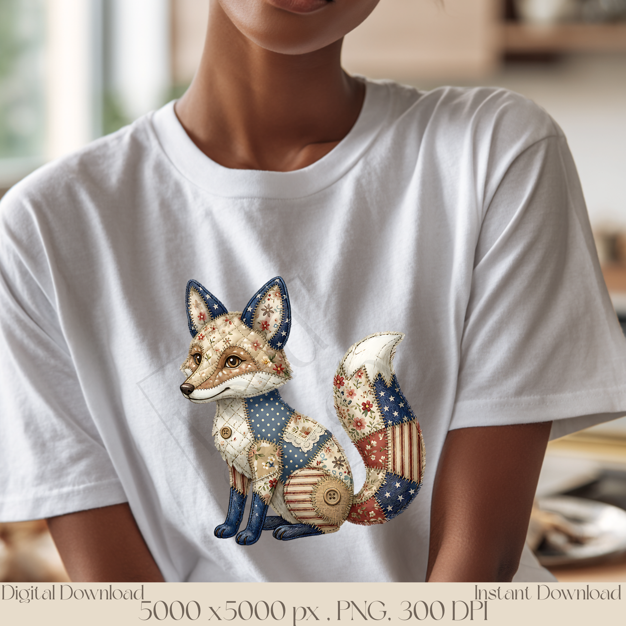 Patchwork Fox PNG, Woodland Animal Clipart, Vintage Cottagecore Fox Sublimation Design, Rustic Forest Animal Graphic