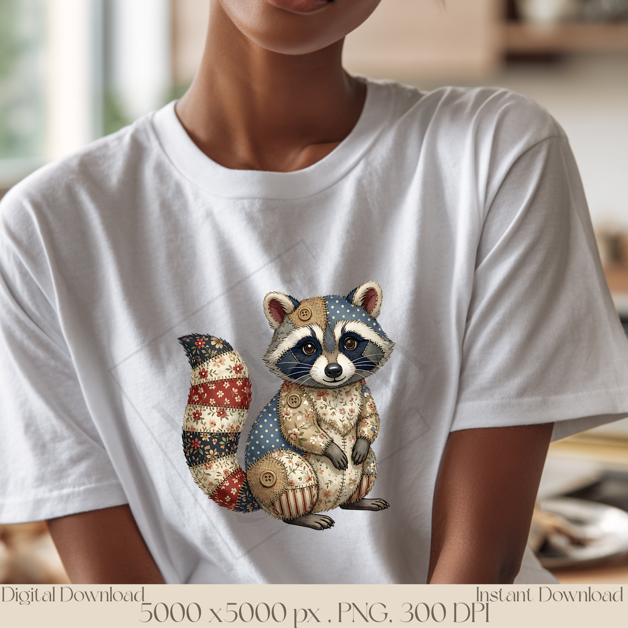 Patchwork Raccoon PNG, Cute Woodland Animal Clipart, Rustic Cottagecore Raccoon Sublimation Design
