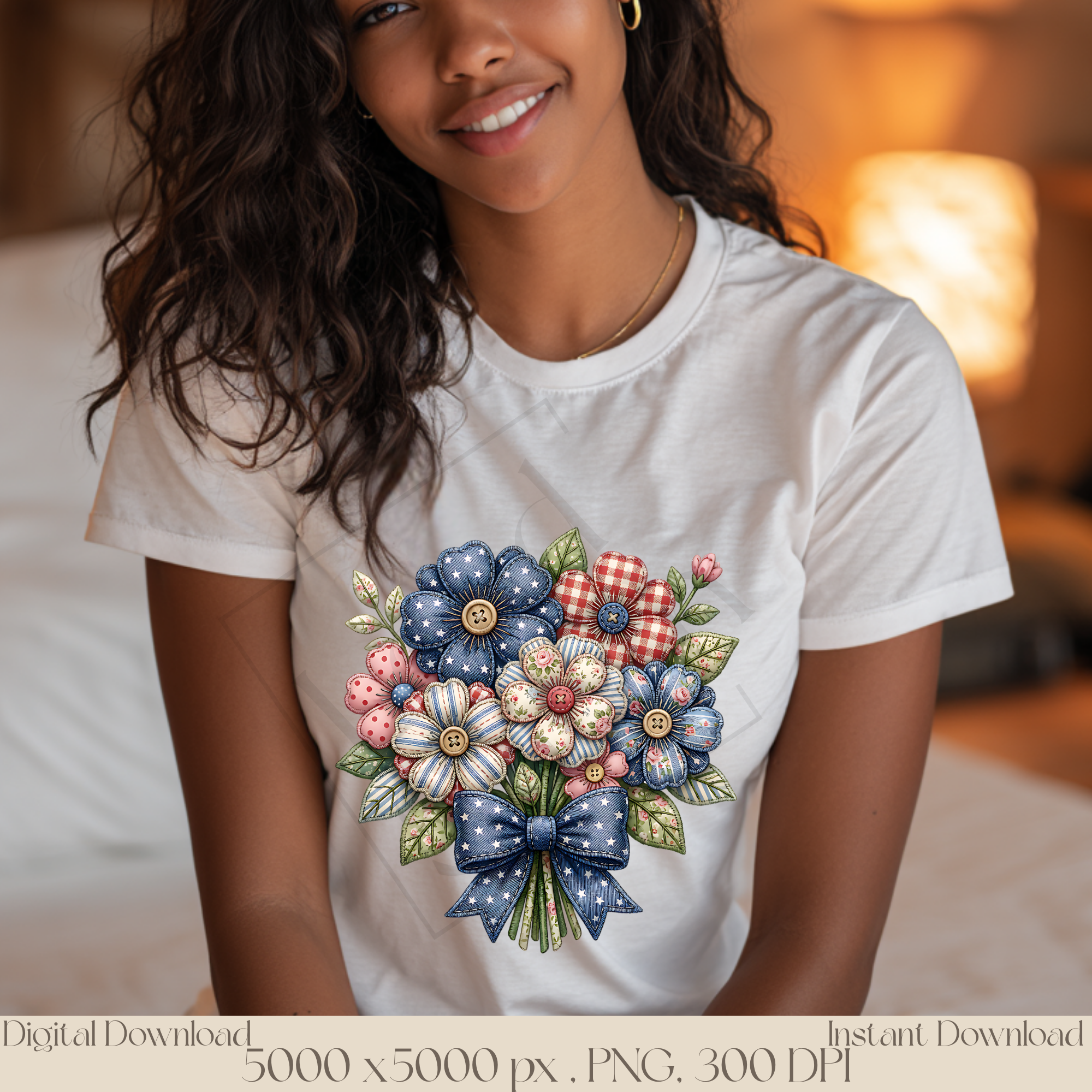 Patriotic Flower Bouquet PNG, Vintage Americana Patchwork Floral Clipart, Rustic Fourth of July Sublimation Design