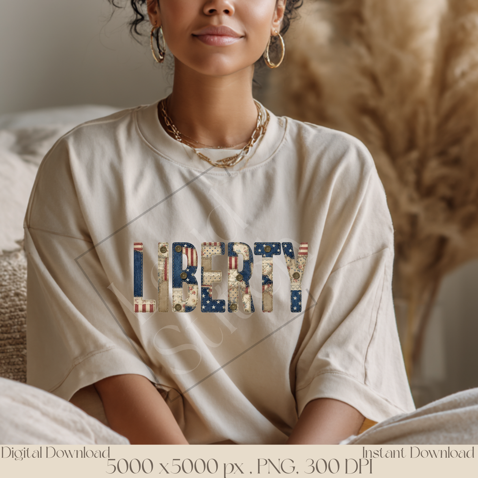 Liberty Patriotic PNG, Vintage Americana Patchwork Lettering, Fourth of July Sublimation Design, Rustic USA Freedom Graphic