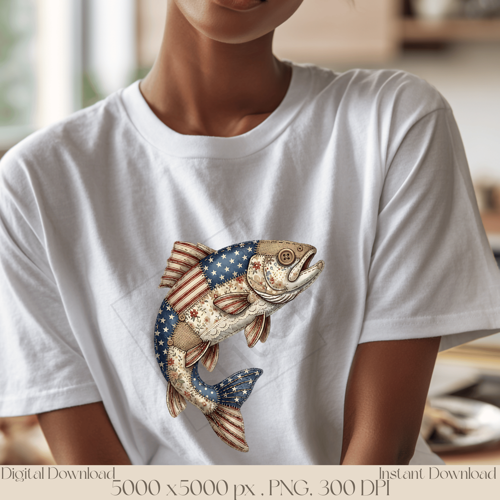 Patchwork Bass Fish PNG, Vintage Fishing Clipart, Rustic Angler Sublimation Design, Patriotic Quilt Style Fish Graphic