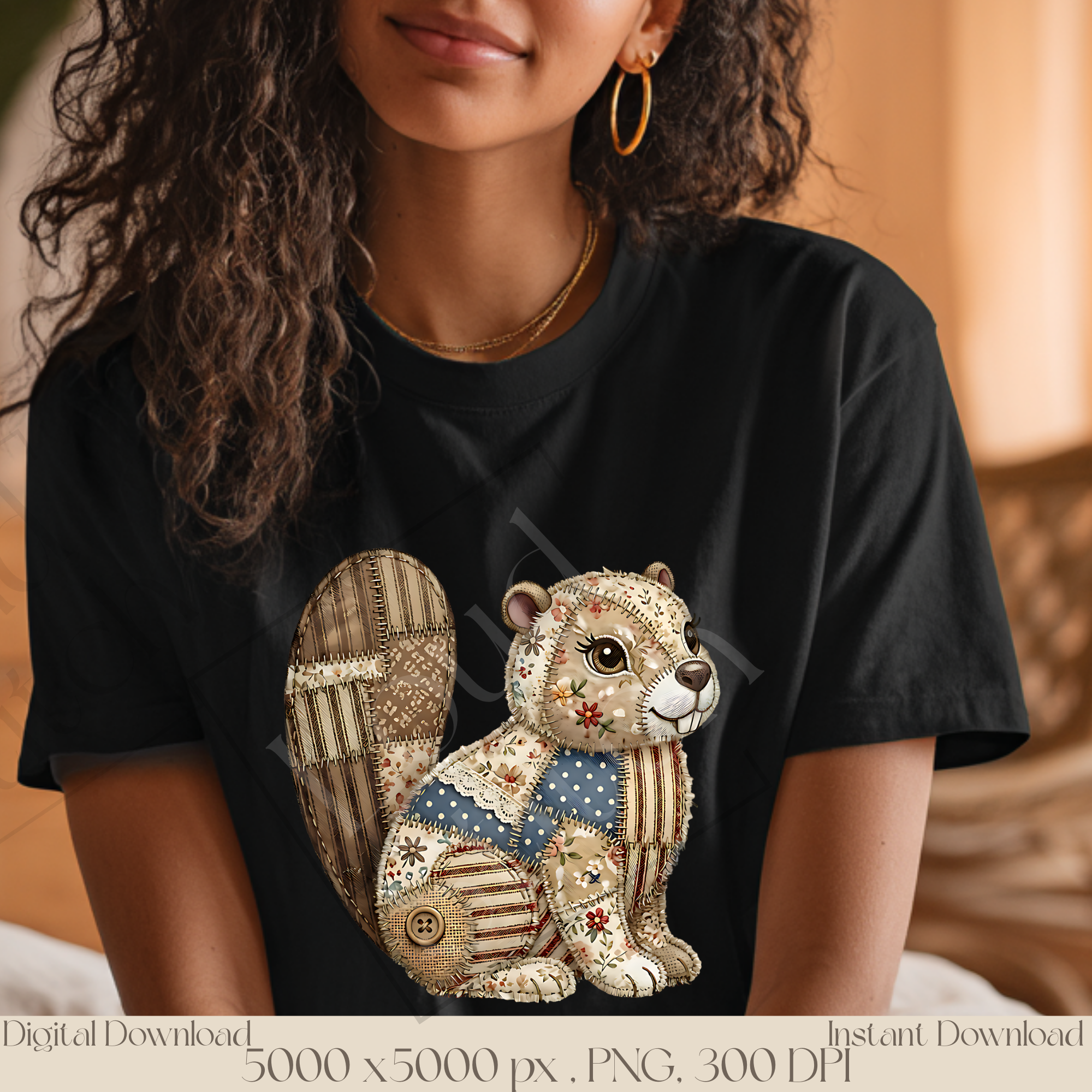 Patchwork Beaver PNG, Vintage Woodland Animal Clipart, Rustic Cottagecore Sublimation Design, Cute Forest Animal Graphic