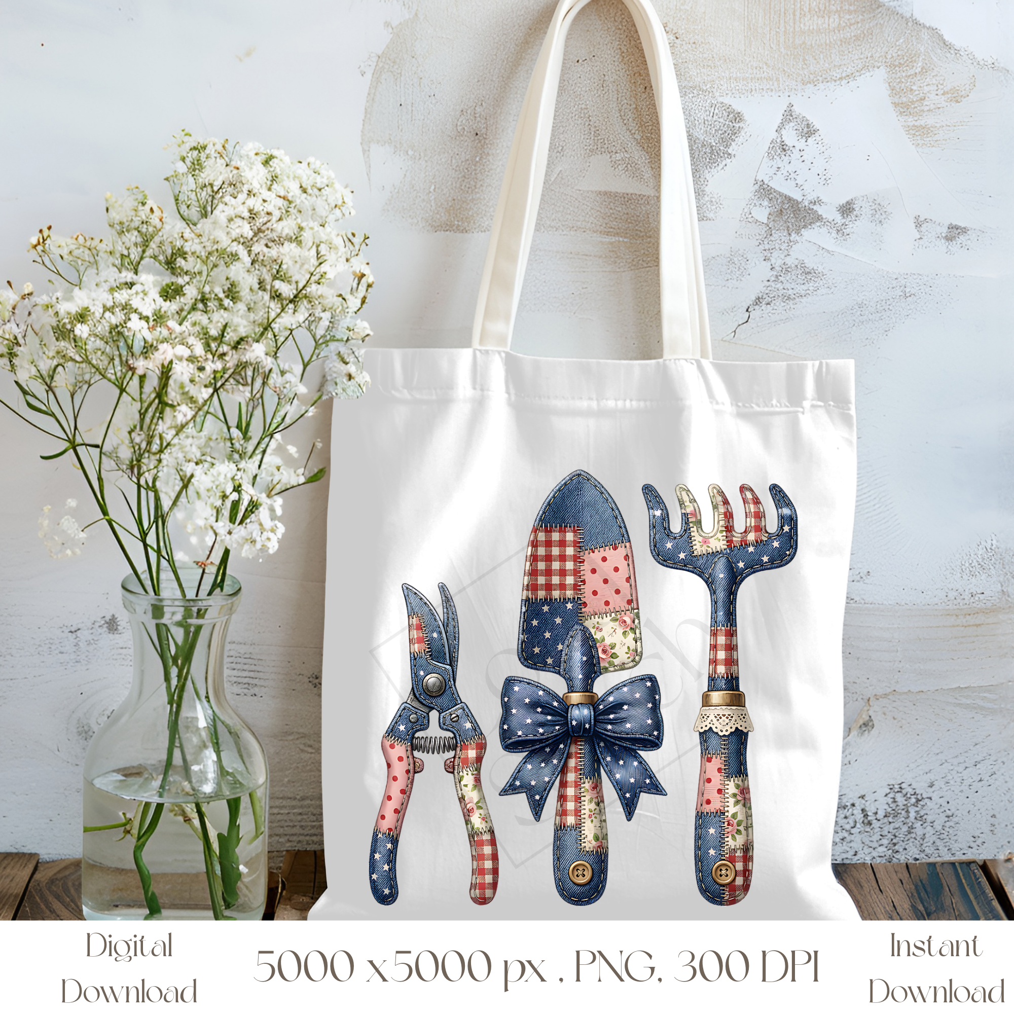 Patchwork Garden Tools PNG, Vintage Gardening Clipart Set, Rustic Cottagecore Garden Sublimation Design