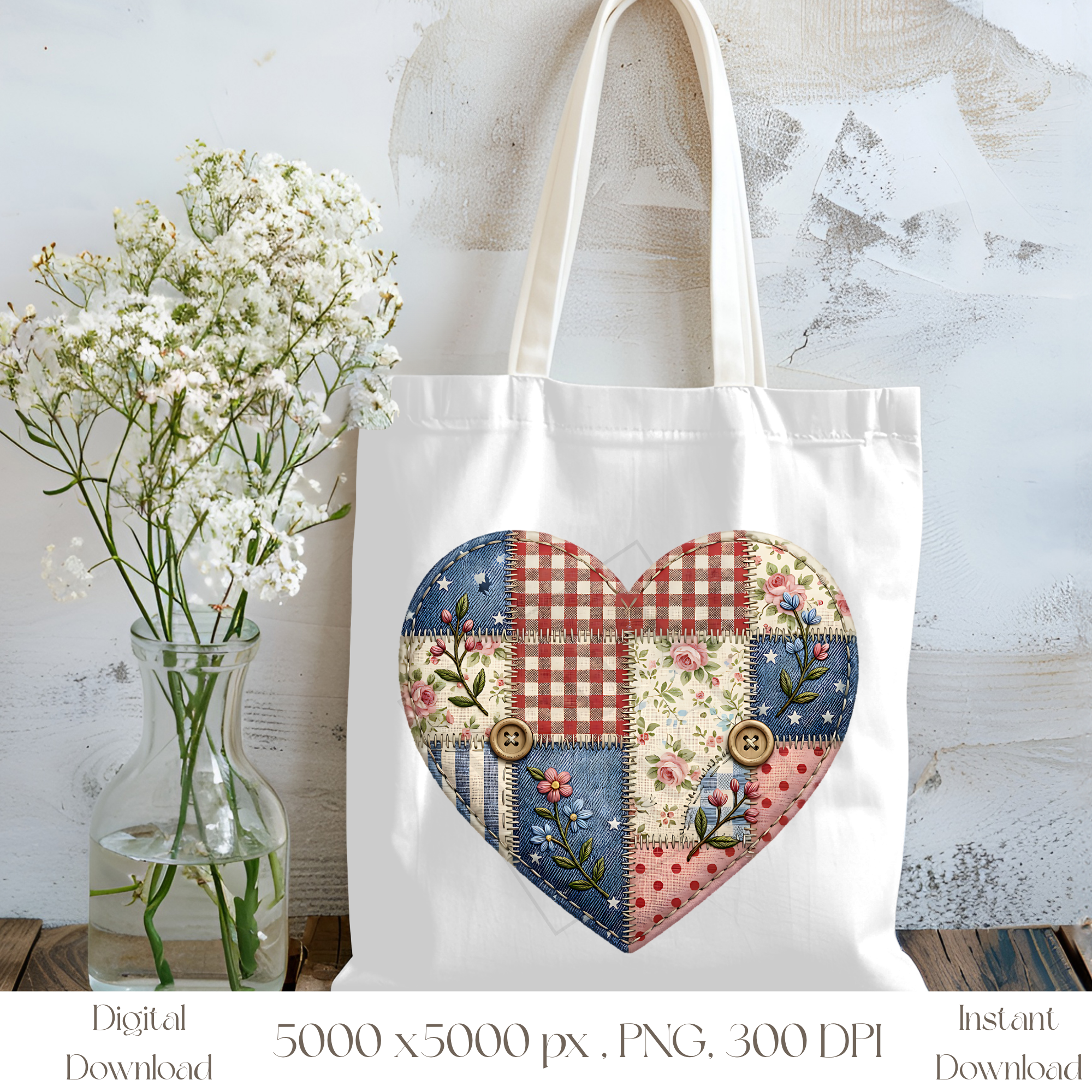 Americana Patchwork Heart PNG, Vintage Patriotic Quilt Heart Clipart, Fourth of July Sublimation Design