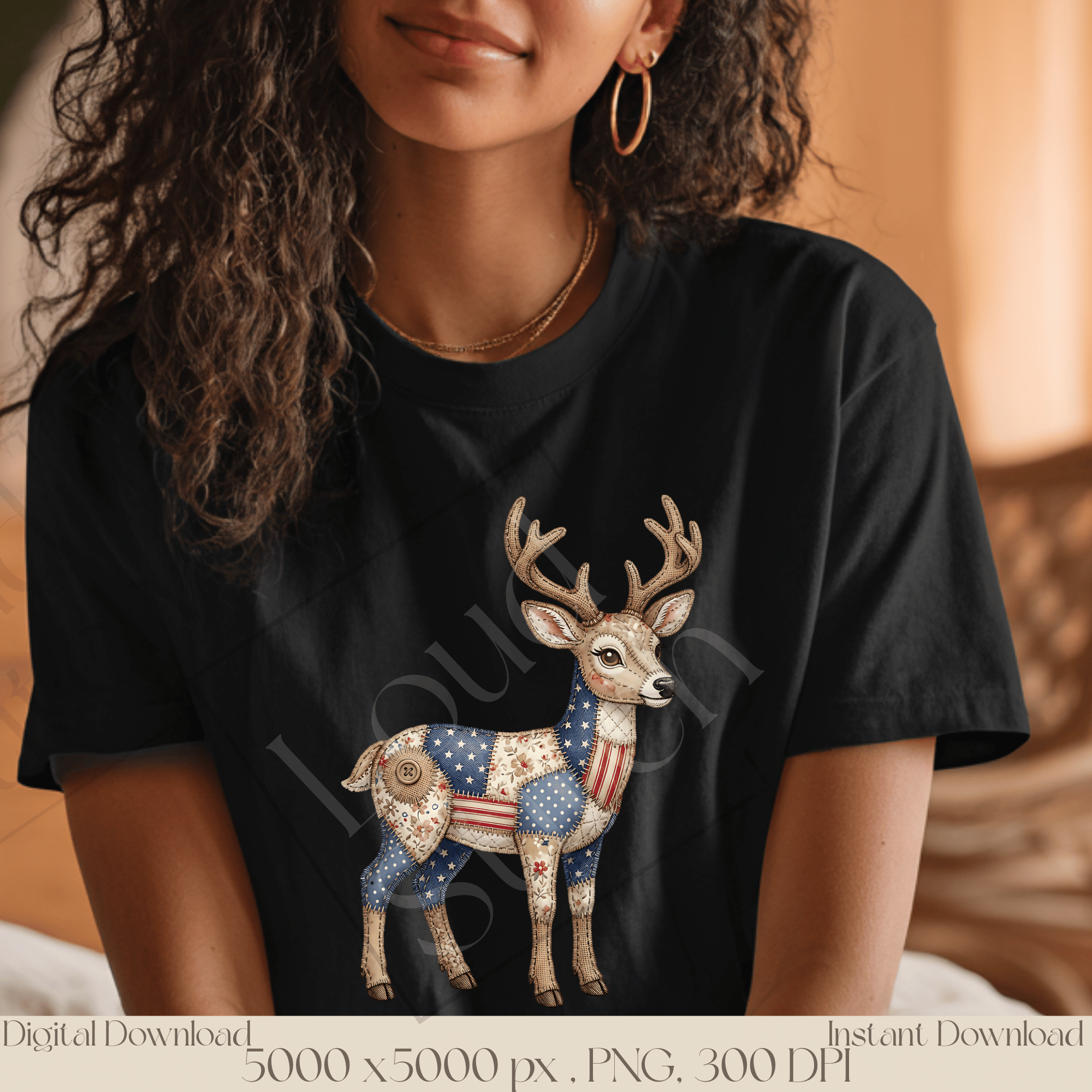 Patchwork Deer PNG, Woodland Deer Clipart, Rustic Cottagecore Animal Sublimation Design