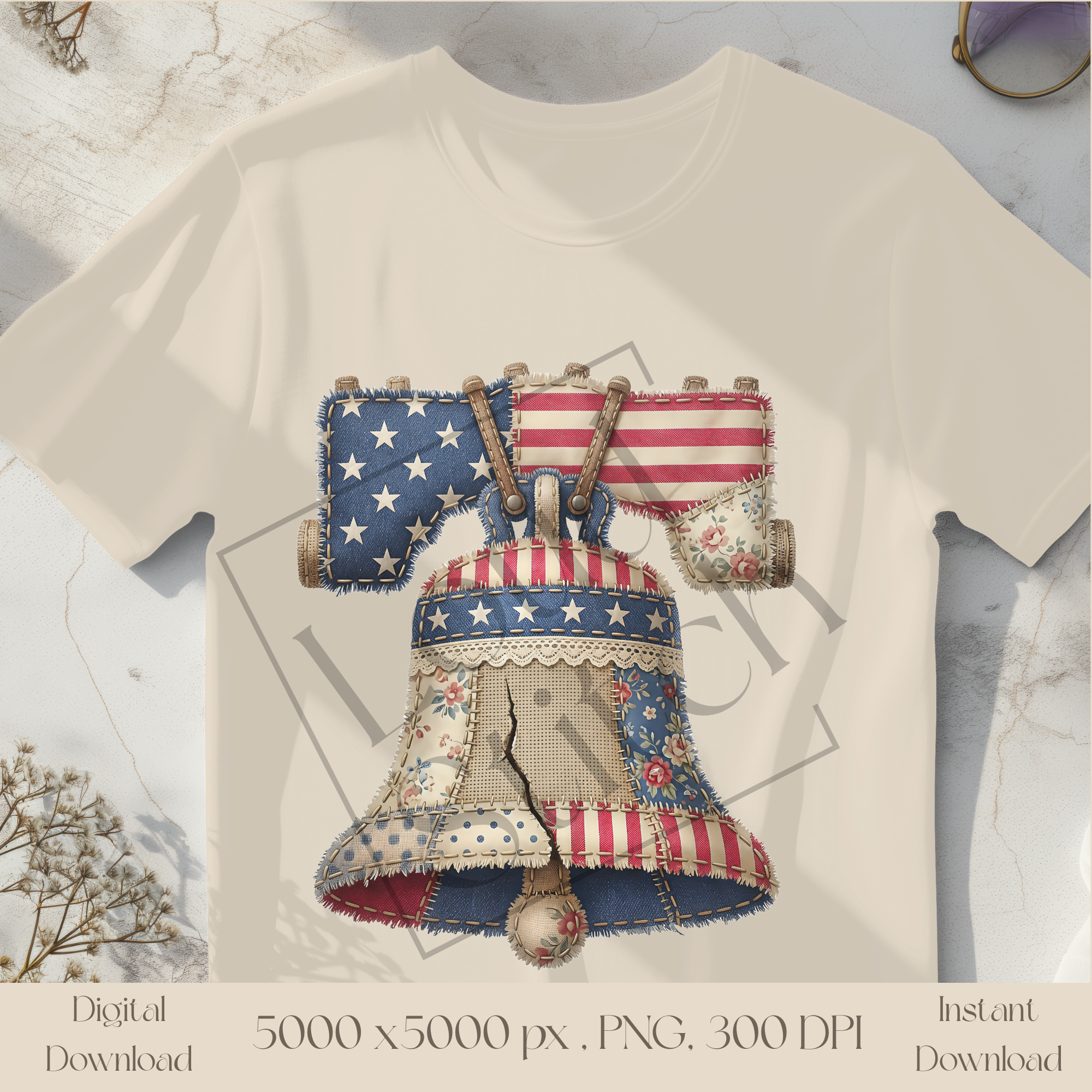 Liberty Bell PNG, Vintage Patriotic Patchwork Americana Clipart, Fourth of July Sublimation Design, Rustic USA Freedom Graphic