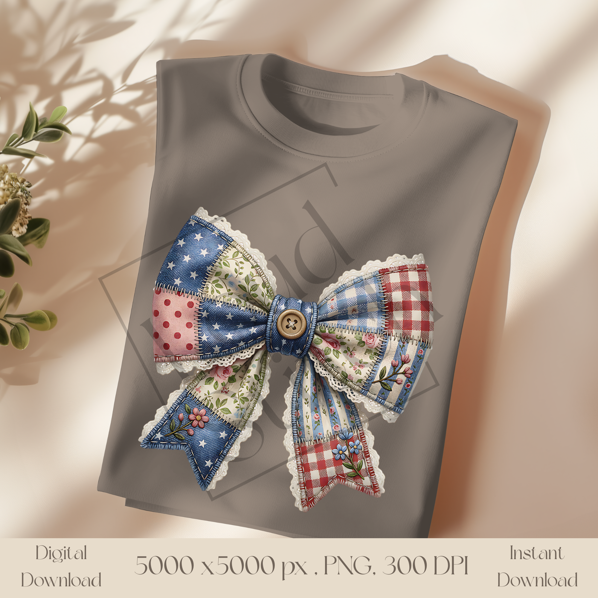 Patchwork Bow PNG, Vintage Cottagecore Ribbon Clipart, Rustic Floral Bow Sublimation Design