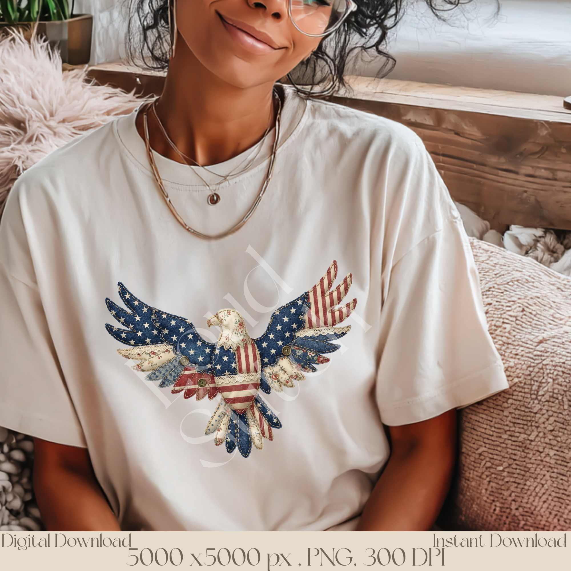 Patriotic Eagle PNG, Vintage Americana Patchwork Eagle Clipart, Fourth of July Sublimation Design, Rustic USA Freedom Graphic
