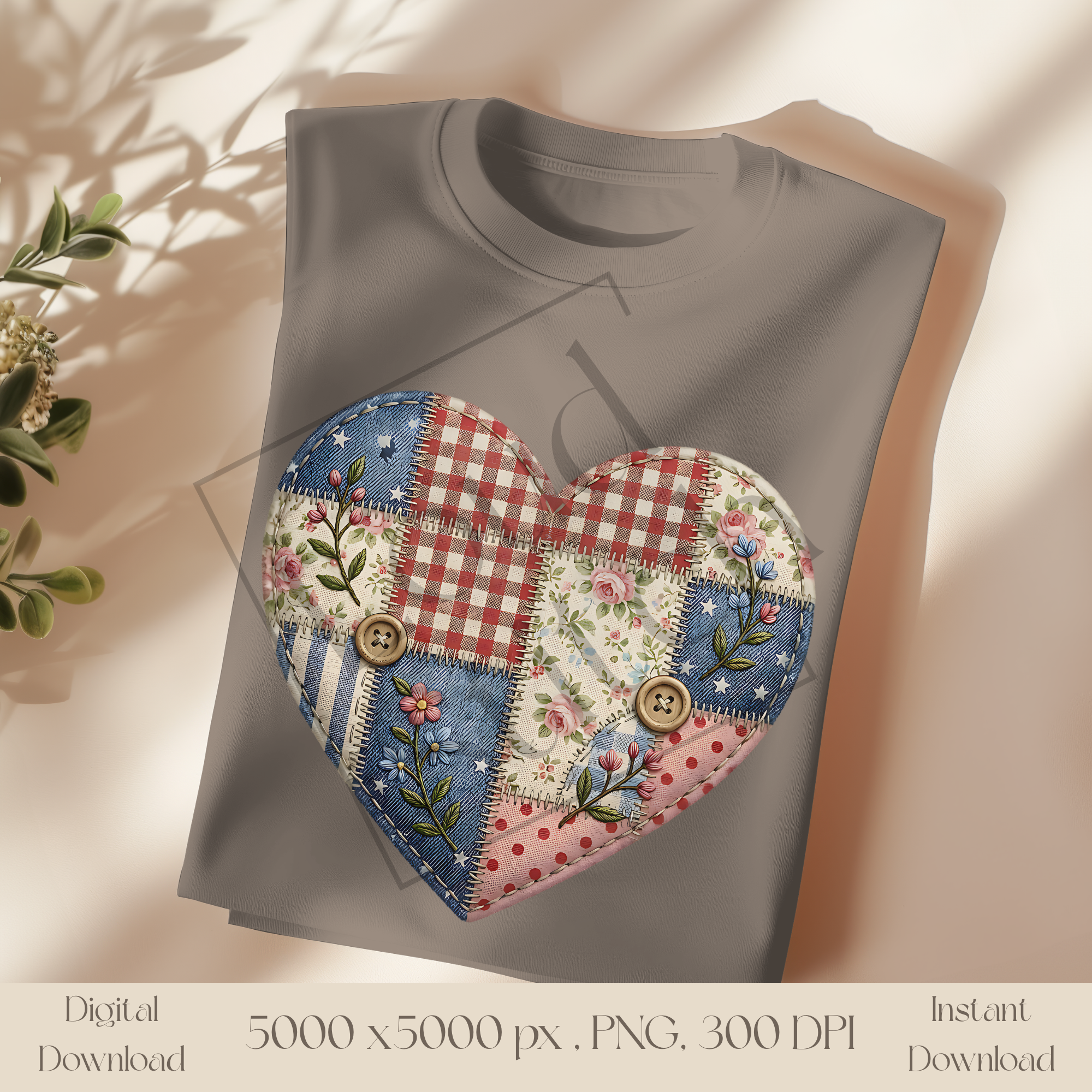 Americana Patchwork Heart PNG, Vintage Patriotic Quilt Heart Clipart, Fourth of July Sublimation Design