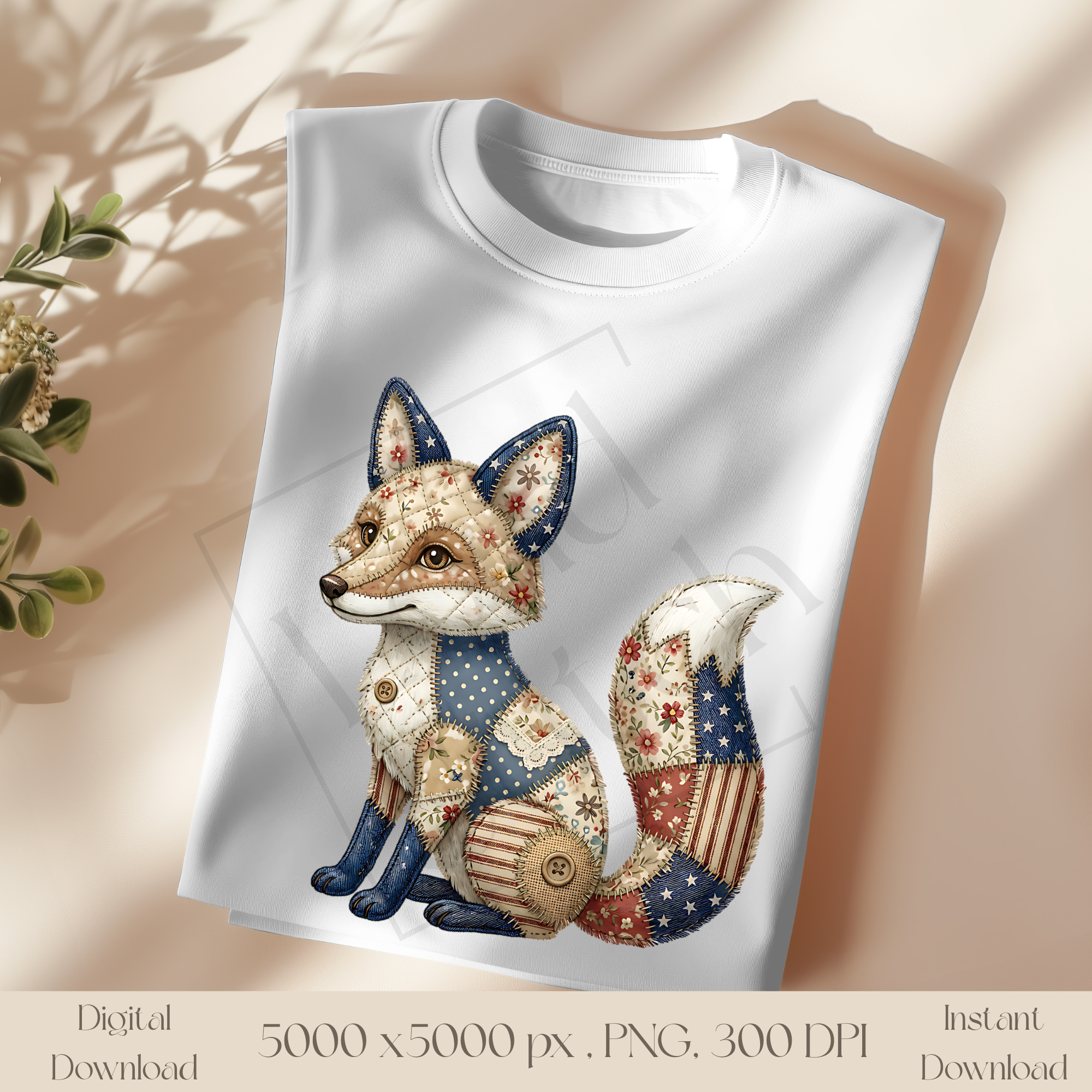 Patchwork Fox PNG, Woodland Animal Clipart, Vintage Cottagecore Fox Sublimation Design, Rustic Forest Animal Graphic