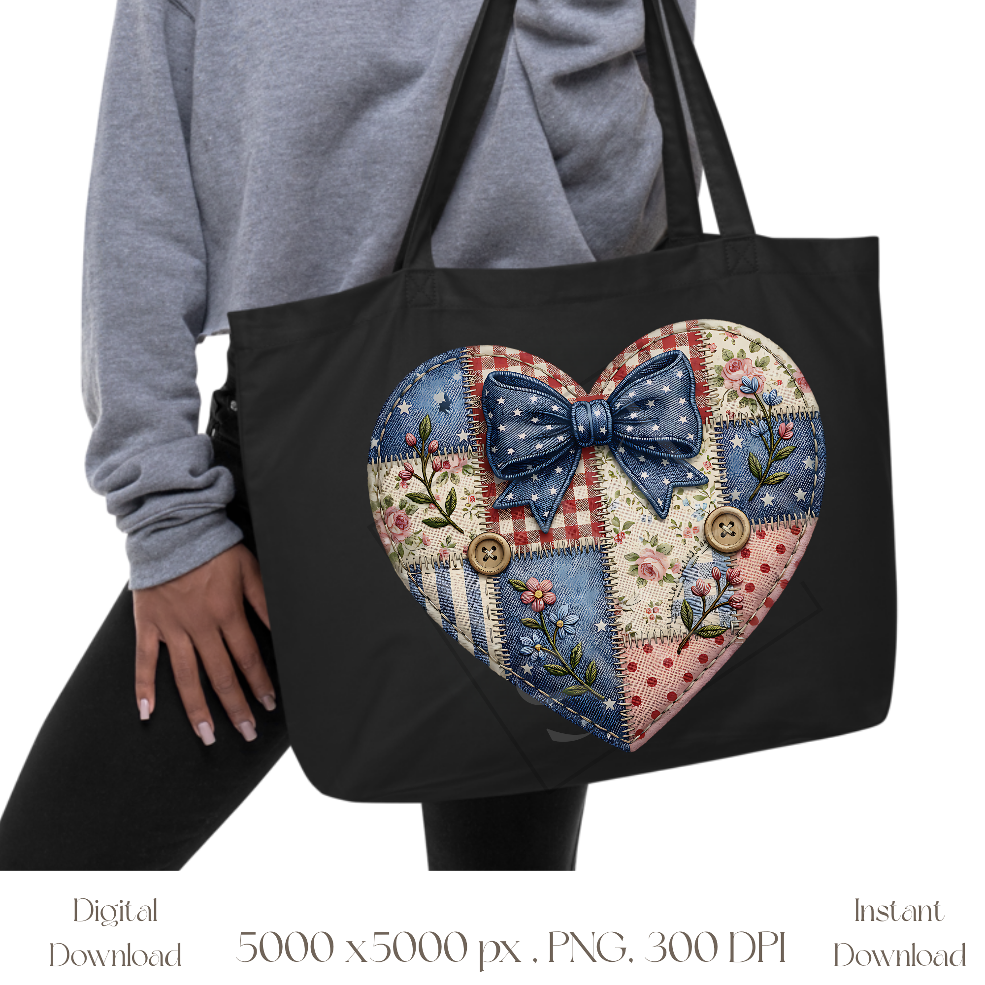 Patchwork Patriotic Heart PNG, Vintage Americana Quilt Heart Clipart, Rustic Fourth of July Sublimation Design