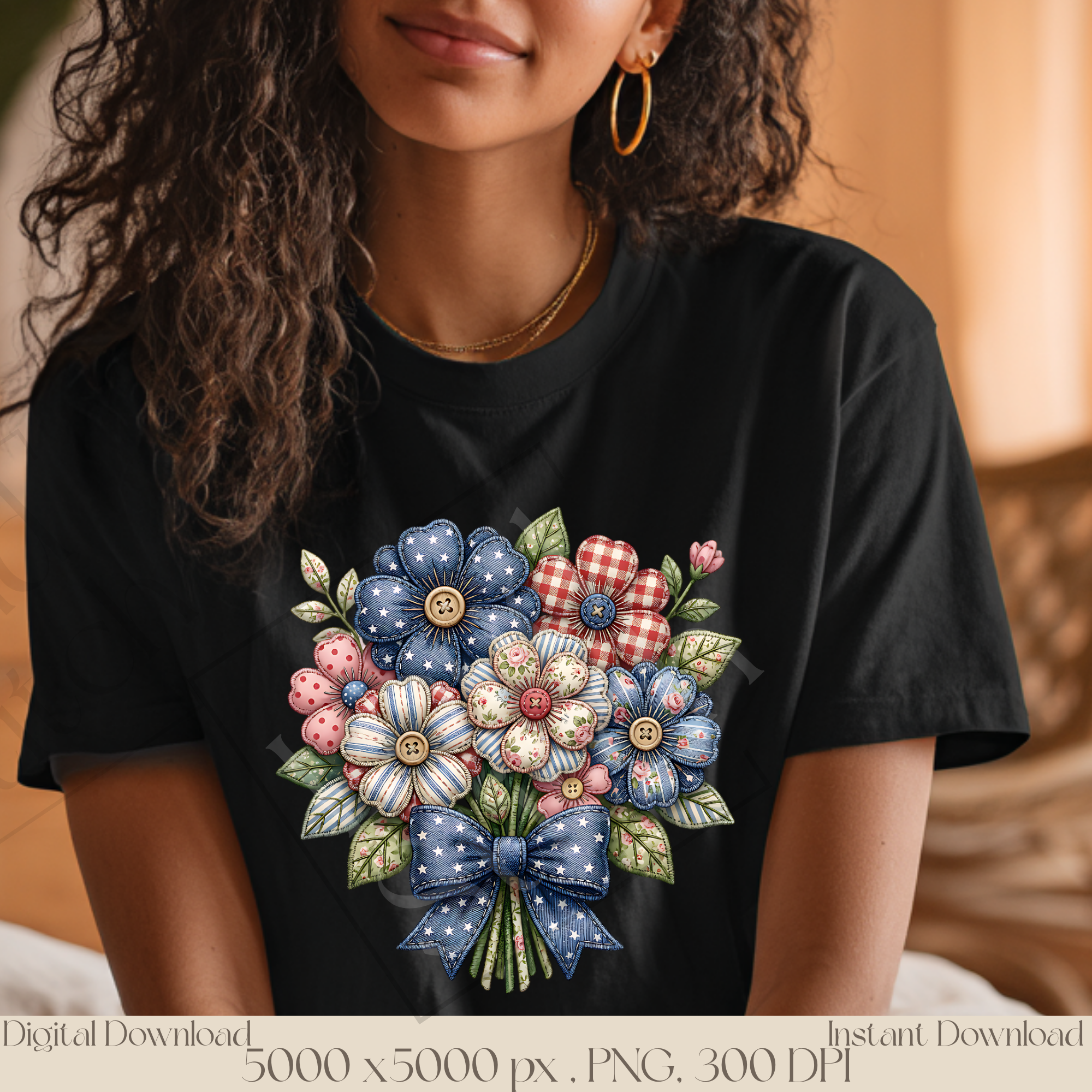 Patriotic Flower Bouquet PNG, Vintage Americana Patchwork Floral Clipart, Rustic Fourth of July Sublimation Design