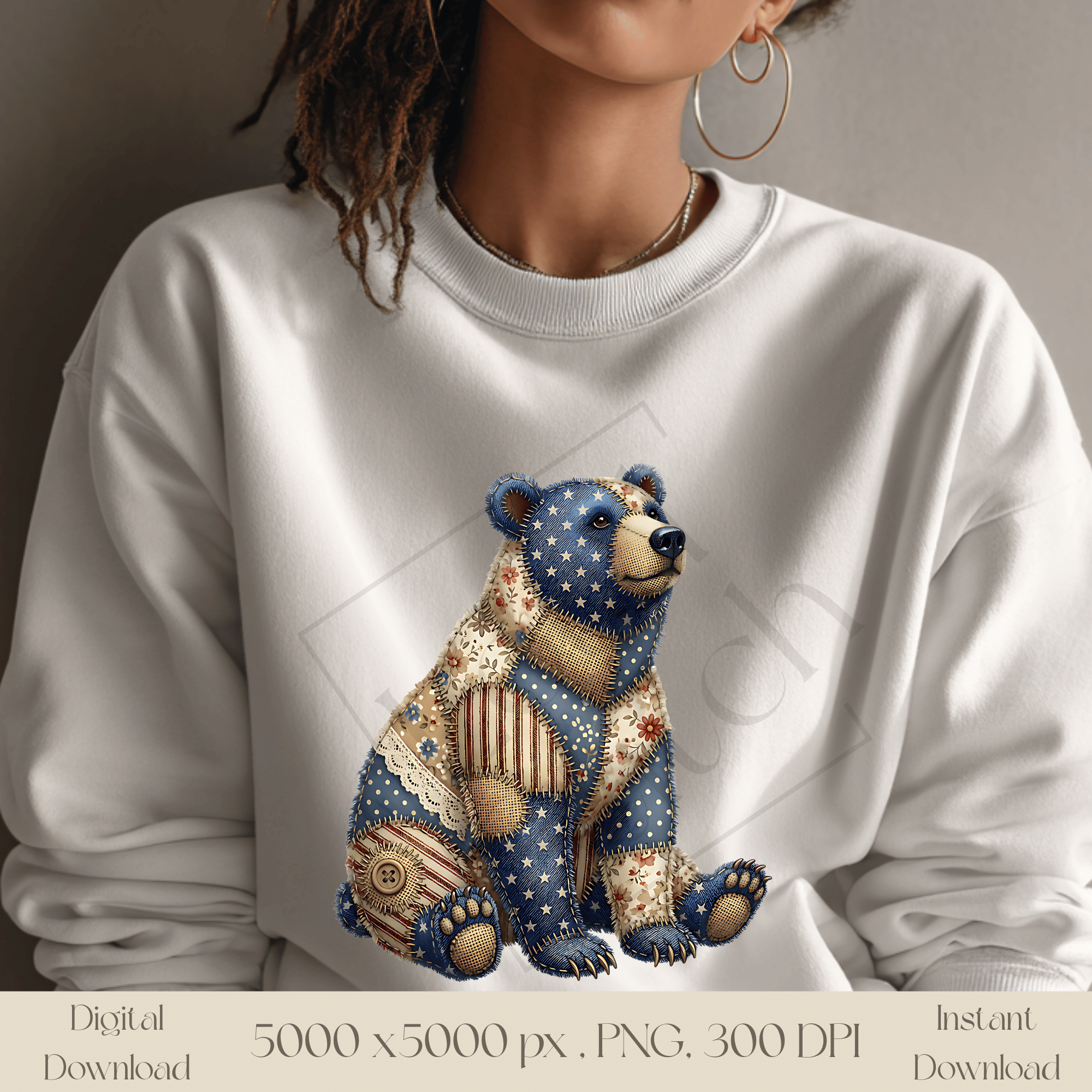 Patchwork Bear PNG, Cute Woodland Bear Clipart, Vintage Cottagecore Animal Sublimation Design