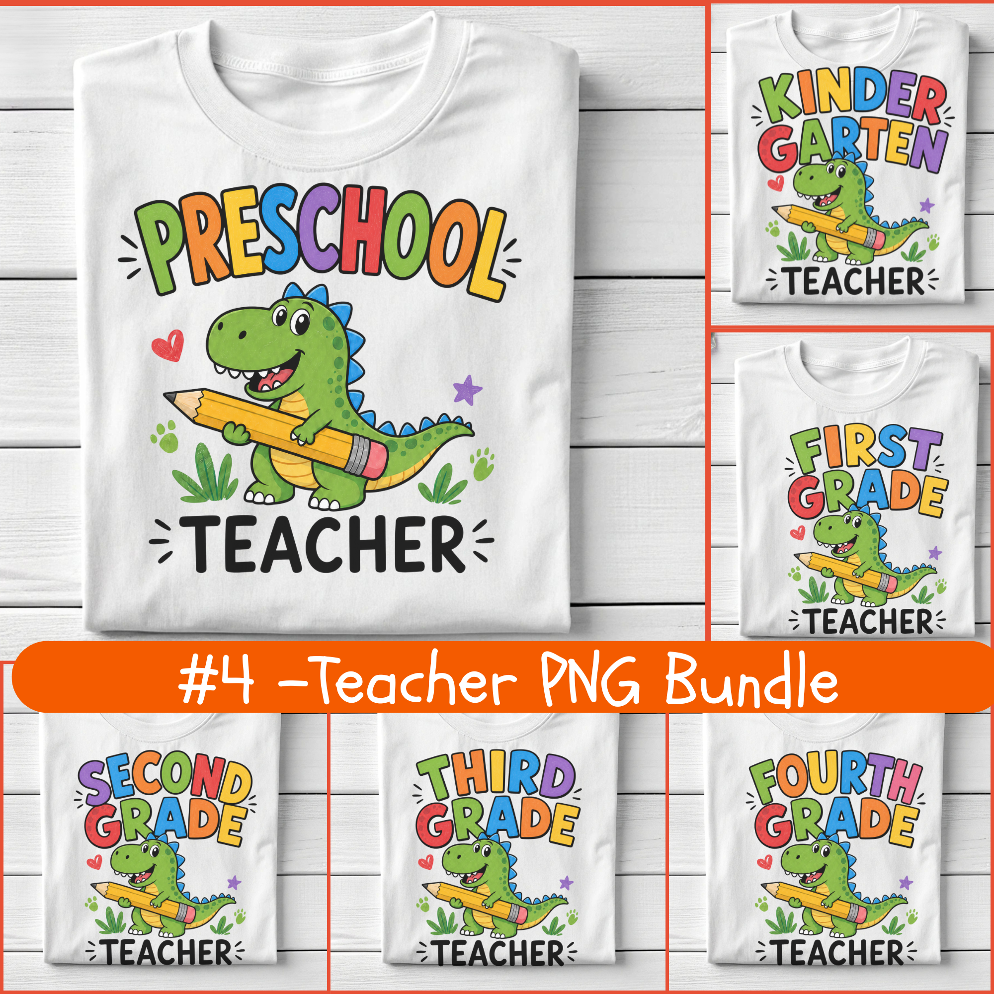 Dinosaur Teacher PNG Bundle, Bright Grade Level Teacher Designs, Pre-K Kindergarten 1st-6th Grade Sublimation PNG