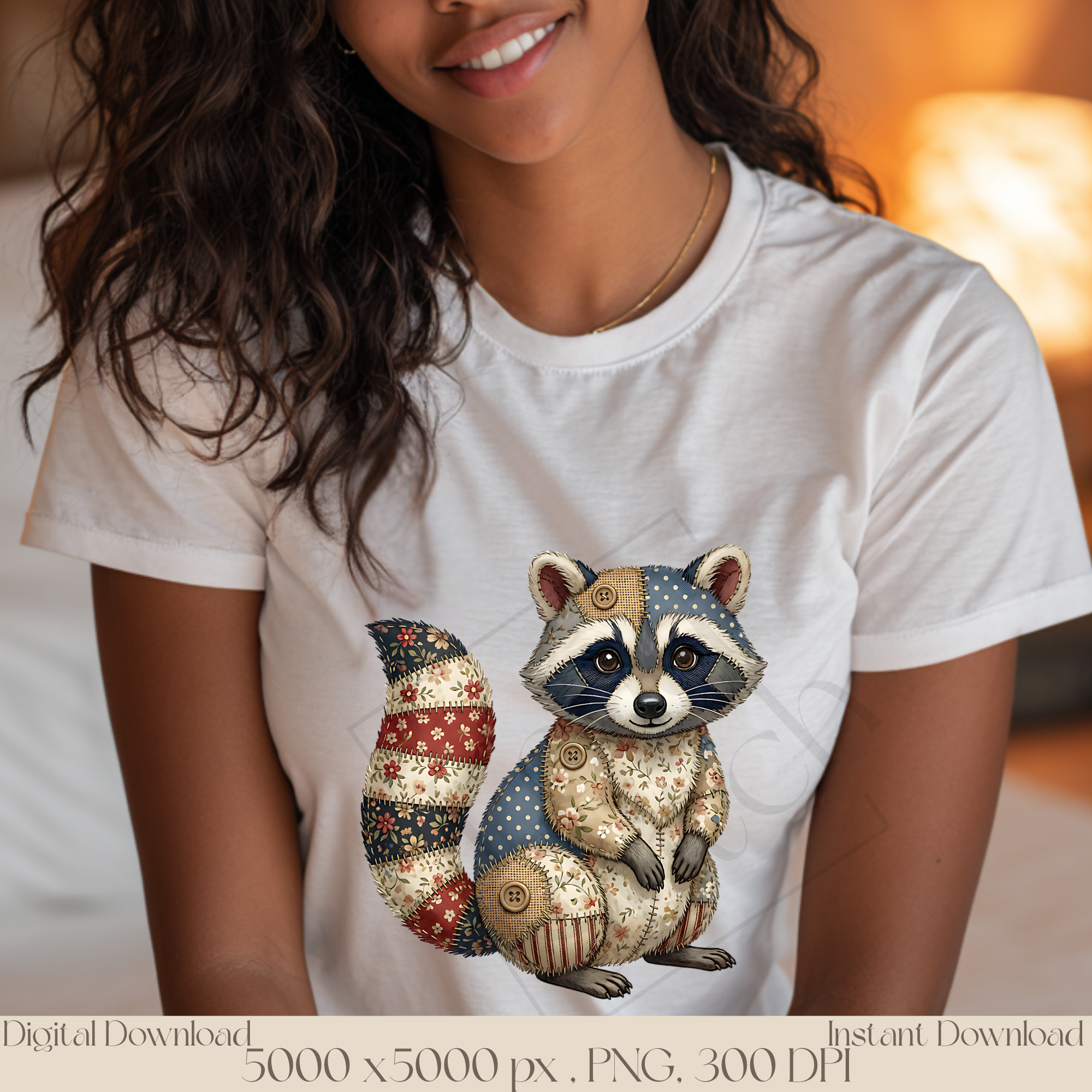 Patchwork Raccoon PNG, Cute Woodland Animal Clipart, Rustic Cottagecore Raccoon Sublimation Design