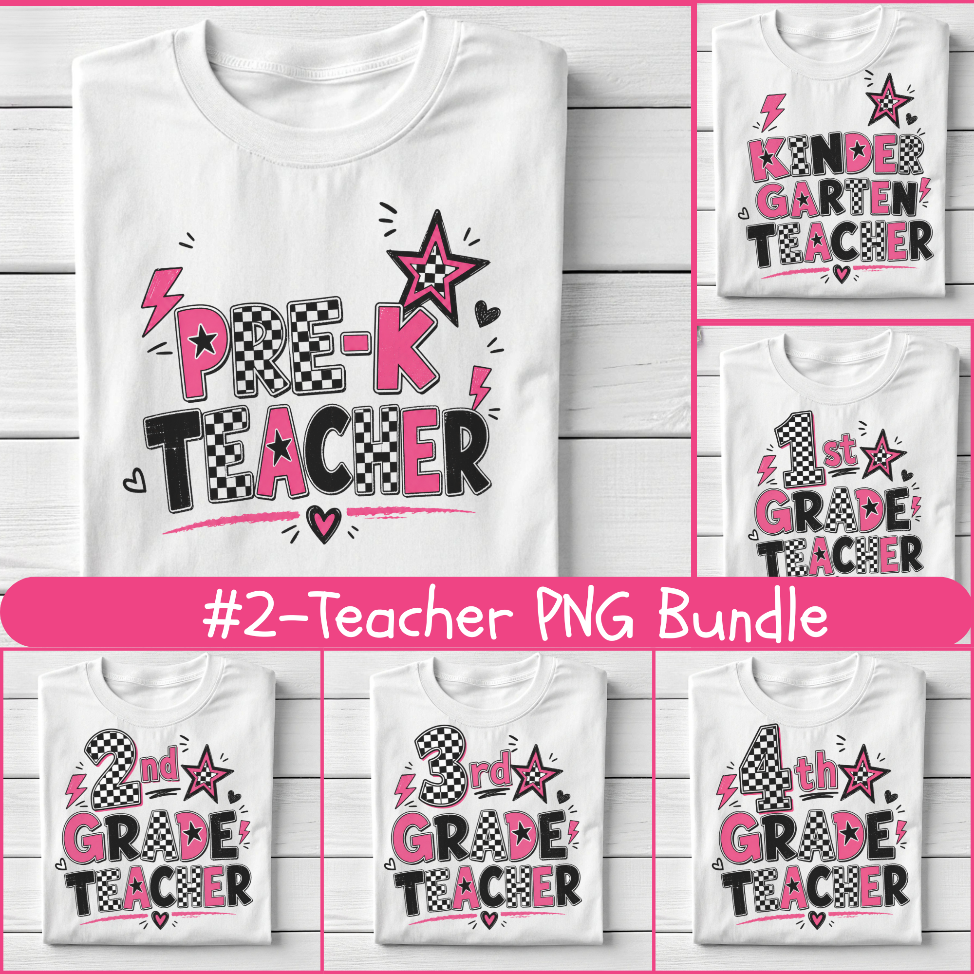 Teacher PNG Bundle, Pink Checker Grade Teacher Designs, Pre-K Kindergarten 1st-6th Grade Sublimation PNG