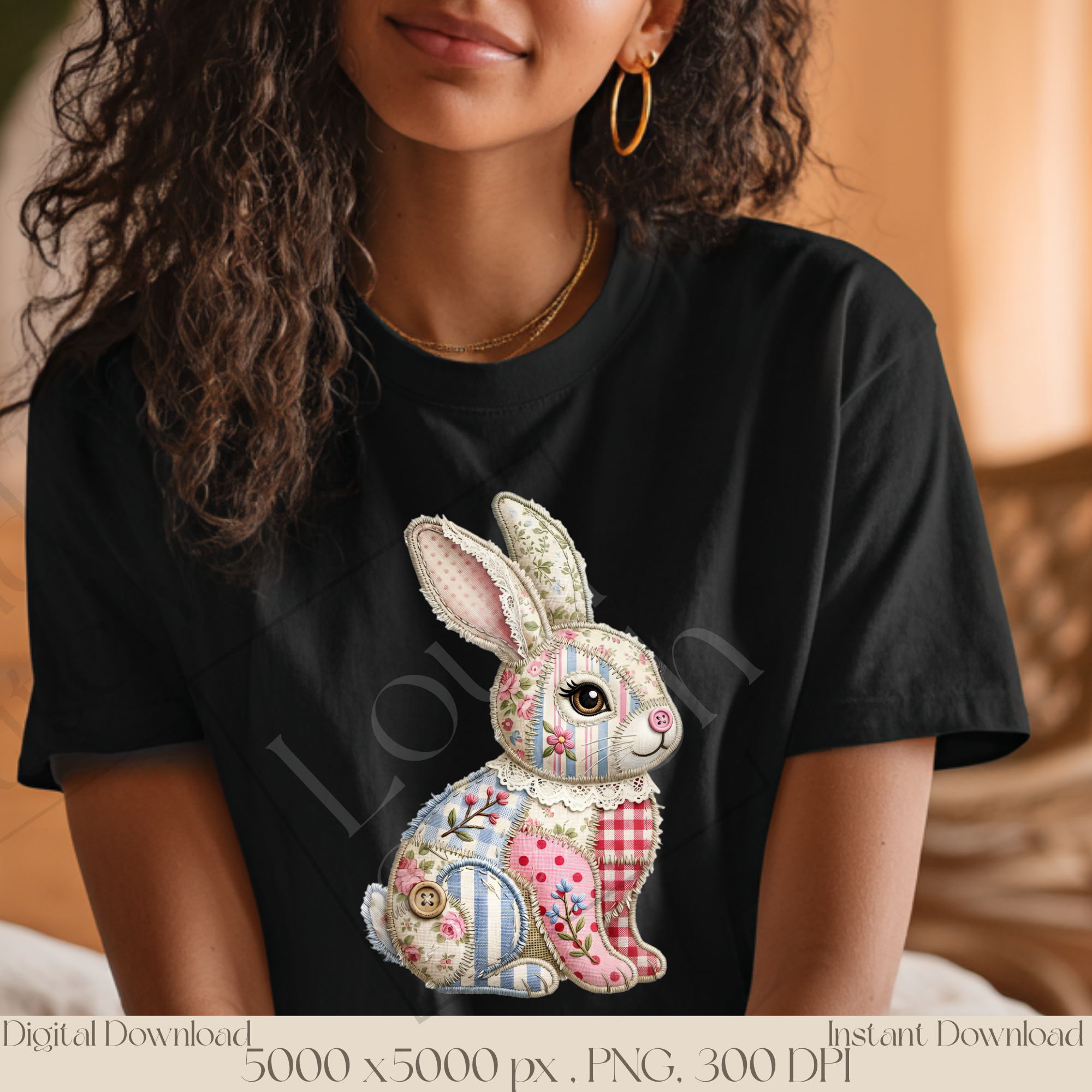 Patchwork Bunny PNG, Cute Cottagecore Rabbit Clipart, Vintage Floral Bunny Sublimation Design