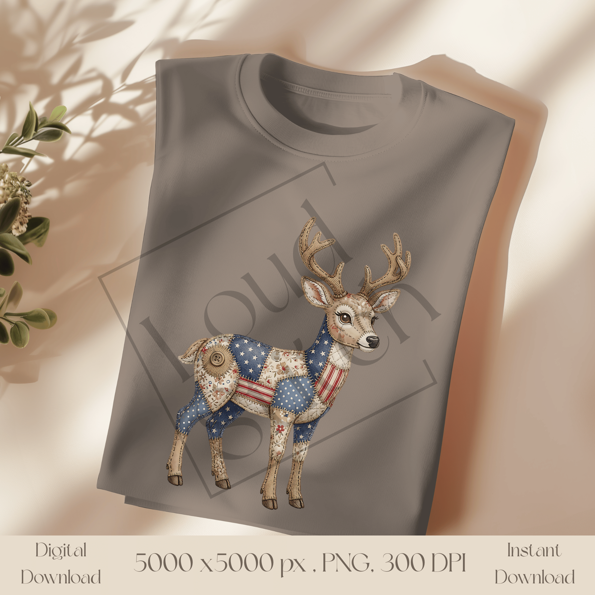 Patchwork Deer PNG, Woodland Deer Clipart, Rustic Cottagecore Animal Sublimation Design
