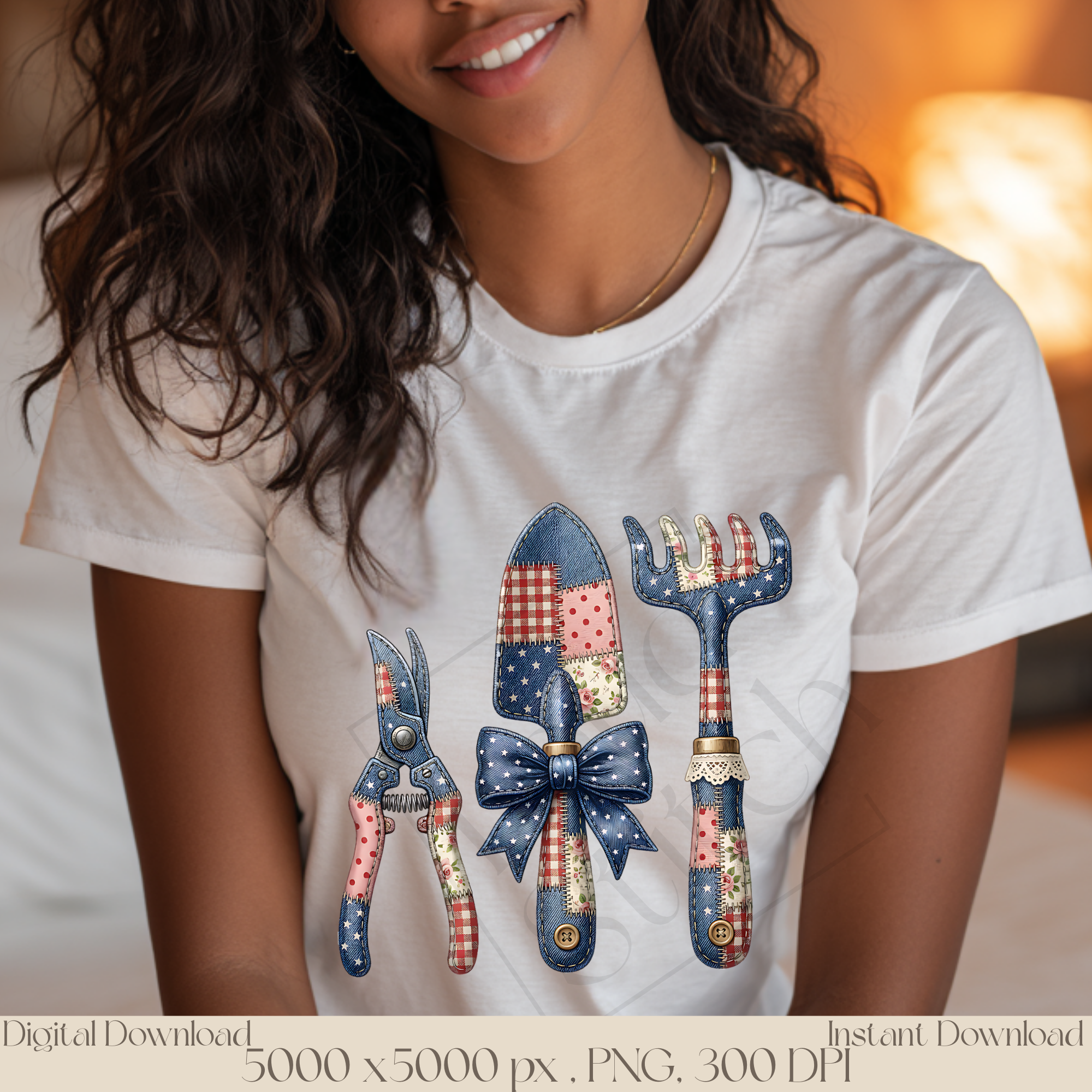 Patchwork Garden Tools PNG, Vintage Gardening Clipart Set, Rustic Cottagecore Garden Sublimation Design