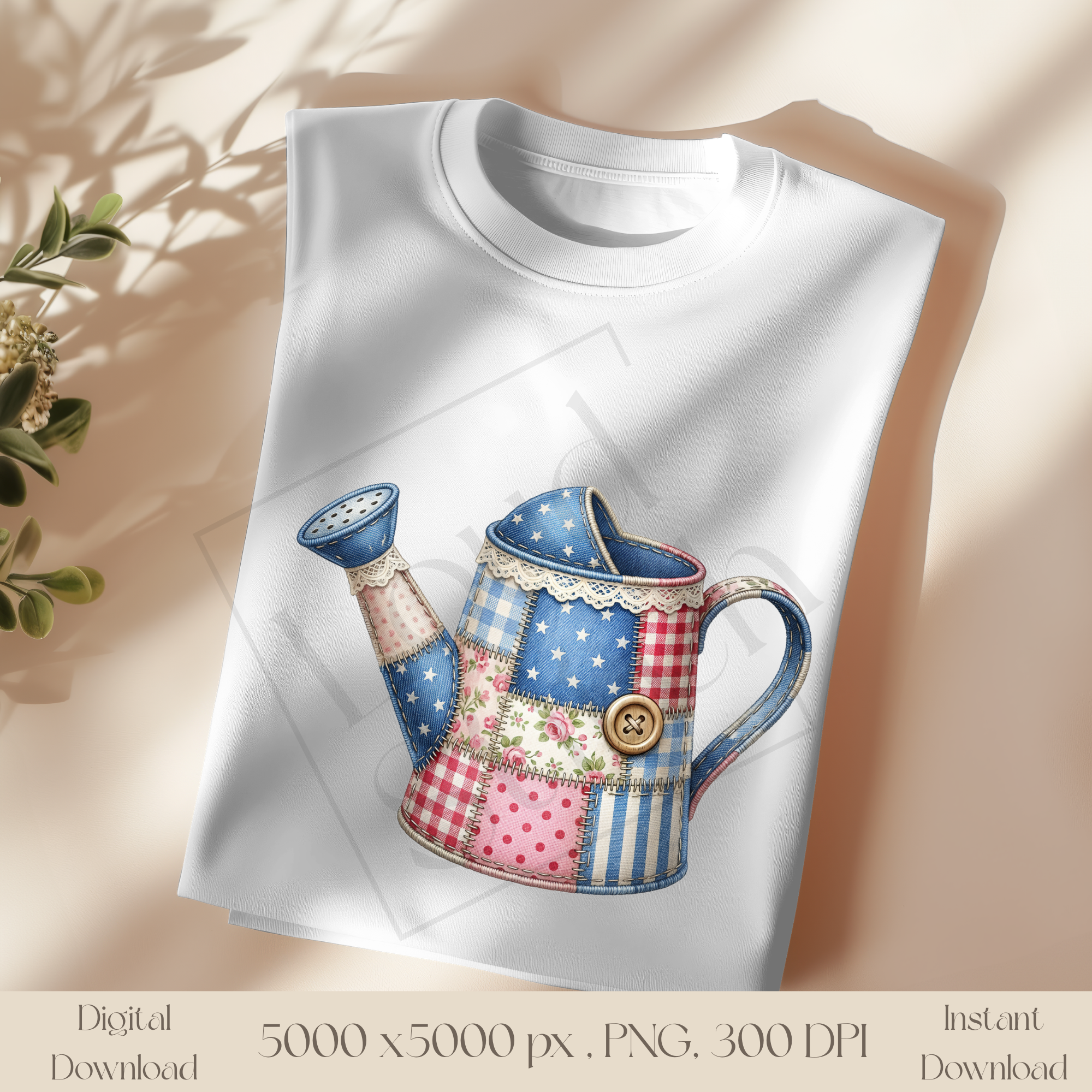 Patchwork Watering Can PNG, Cottagecore Garden Clipart, Vintage Floral Garden Sublimation Design