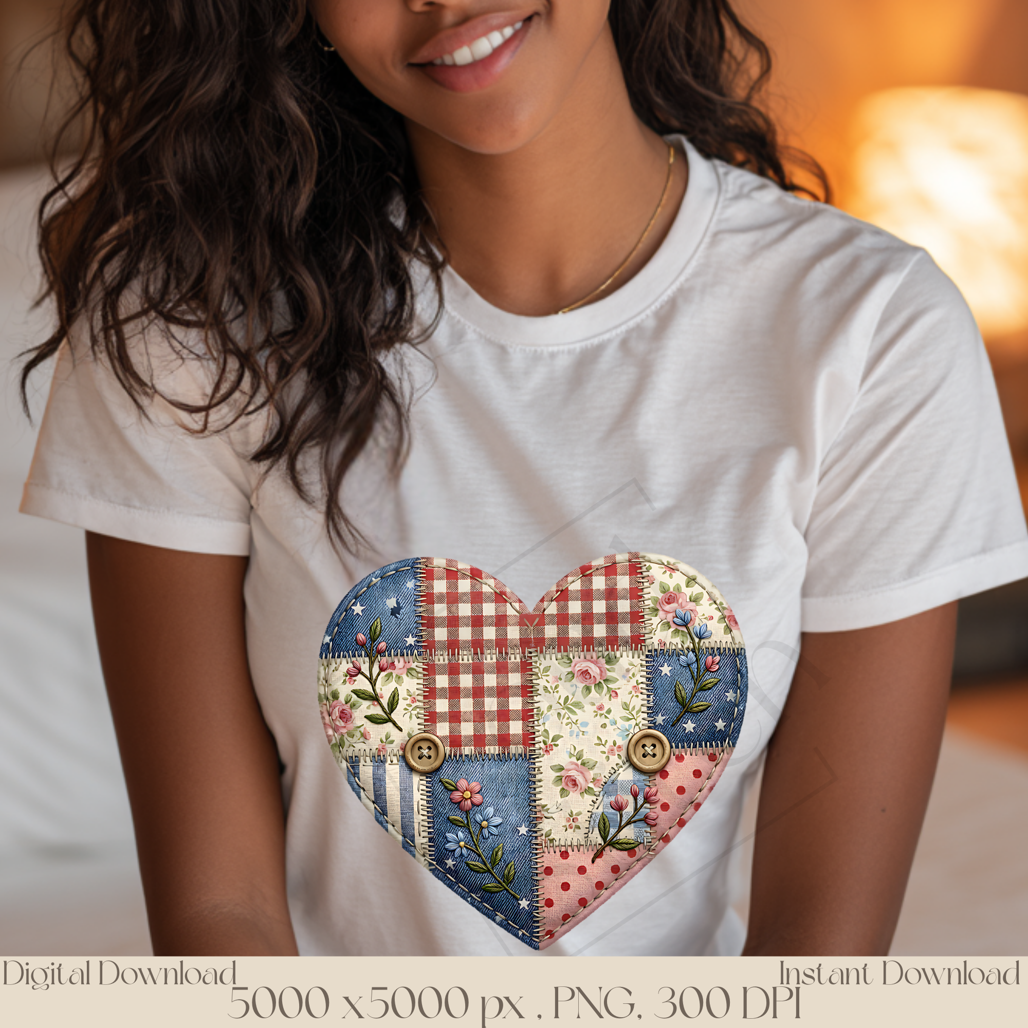 Americana Patchwork Heart PNG, Vintage Patriotic Quilt Heart Clipart, Fourth of July Sublimation Design